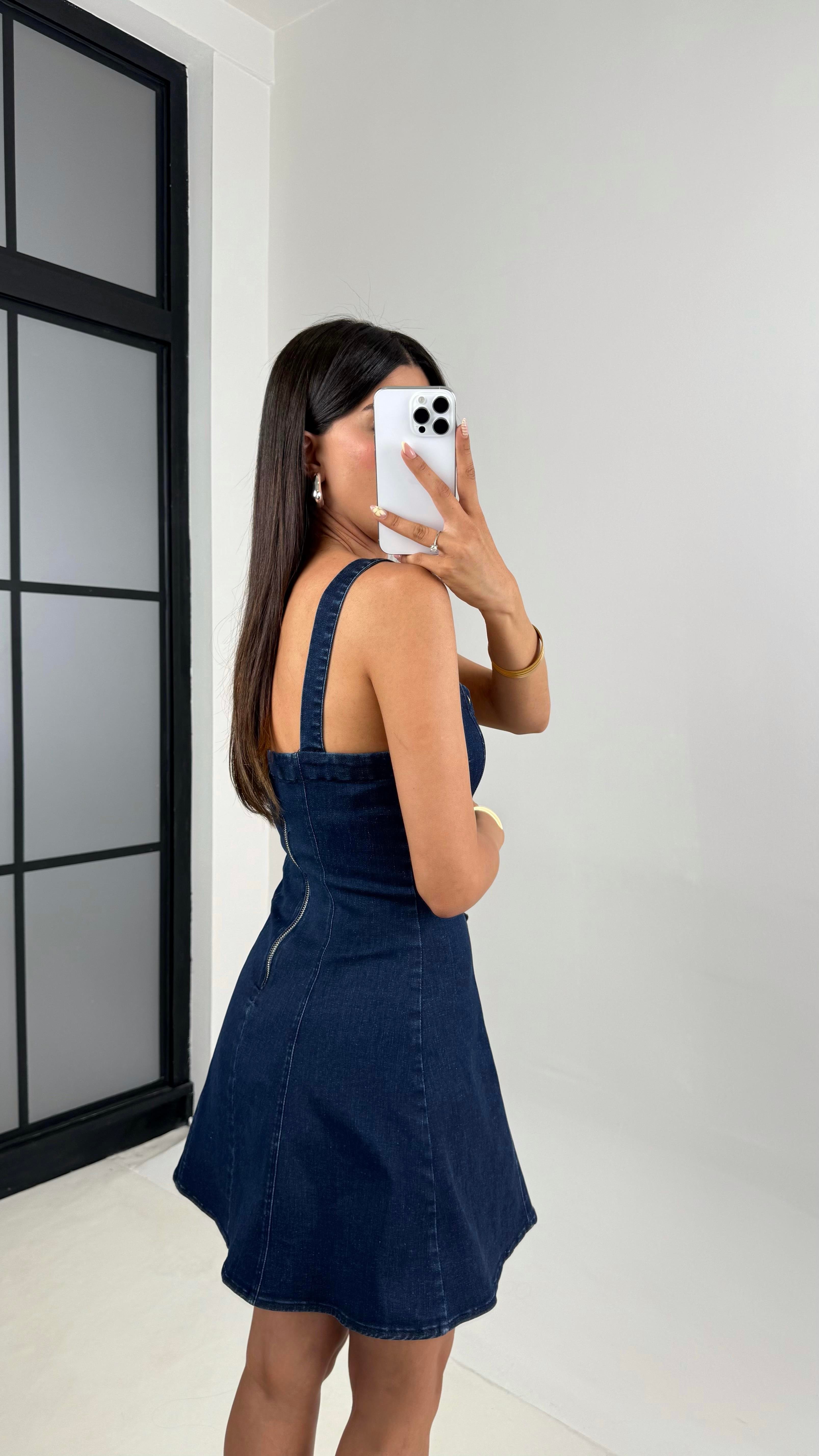 Lacivert Kuş Gözlü İp Detaylı Premium Denim Elbise Gaus00660GausELBİSEGU1002527