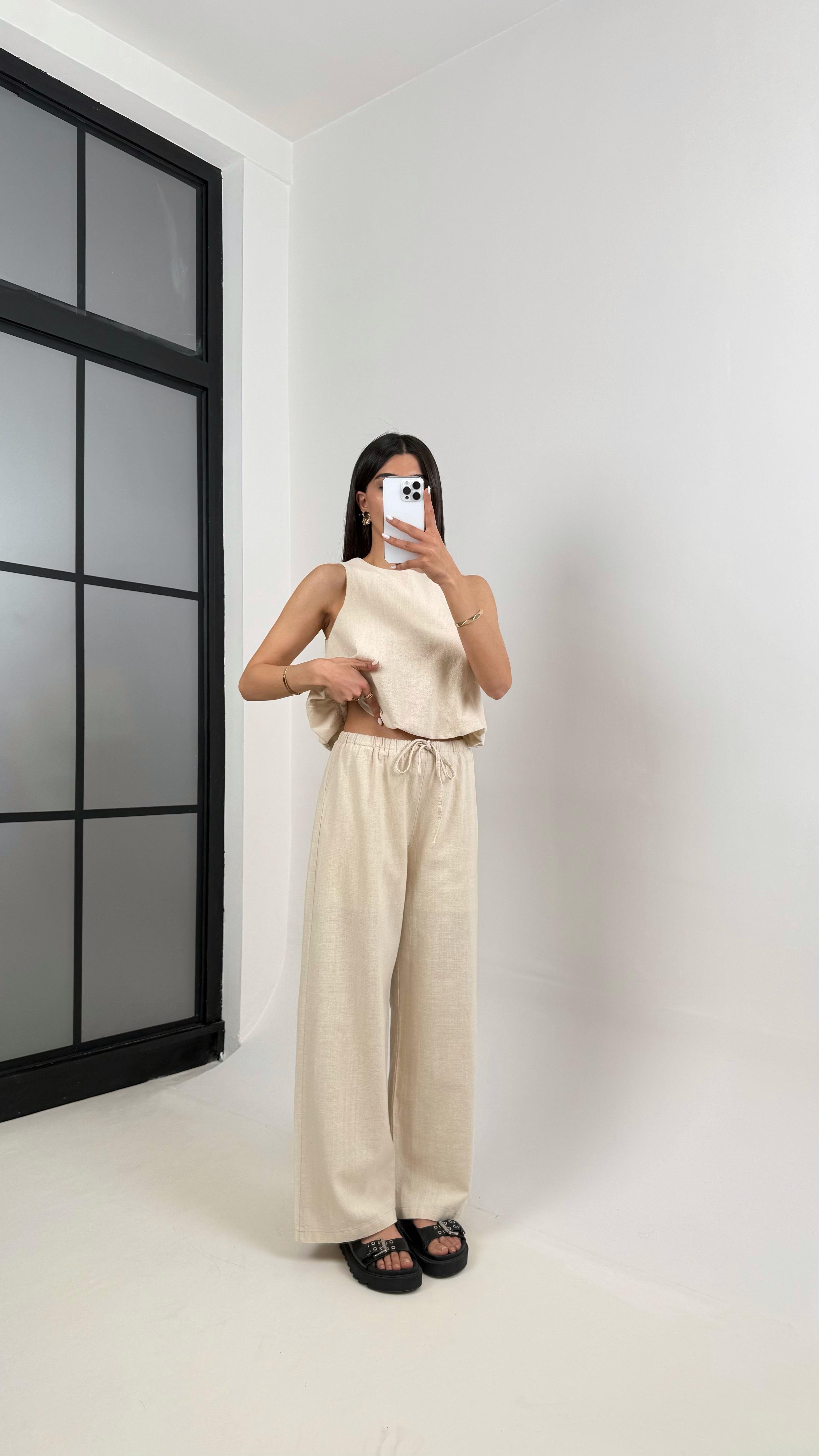 Taş Balon Üst Beli Lastikli Pantolon Astarlı Keten Takım Gaus00353GausTAKIMGU1001820