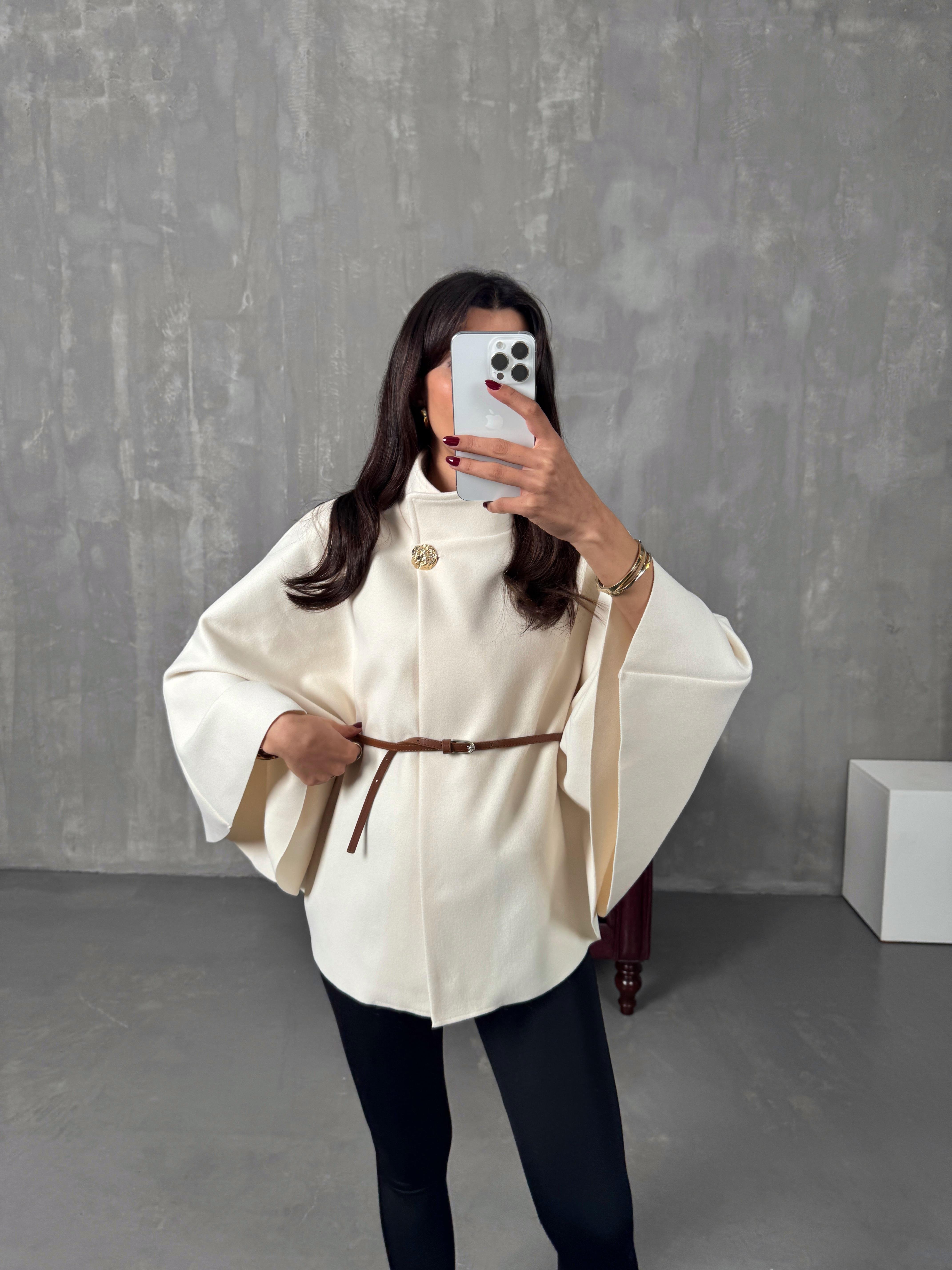 Gina Ekru ZR Model Kemerli Kaşe PançoGausPANCOGU00903887