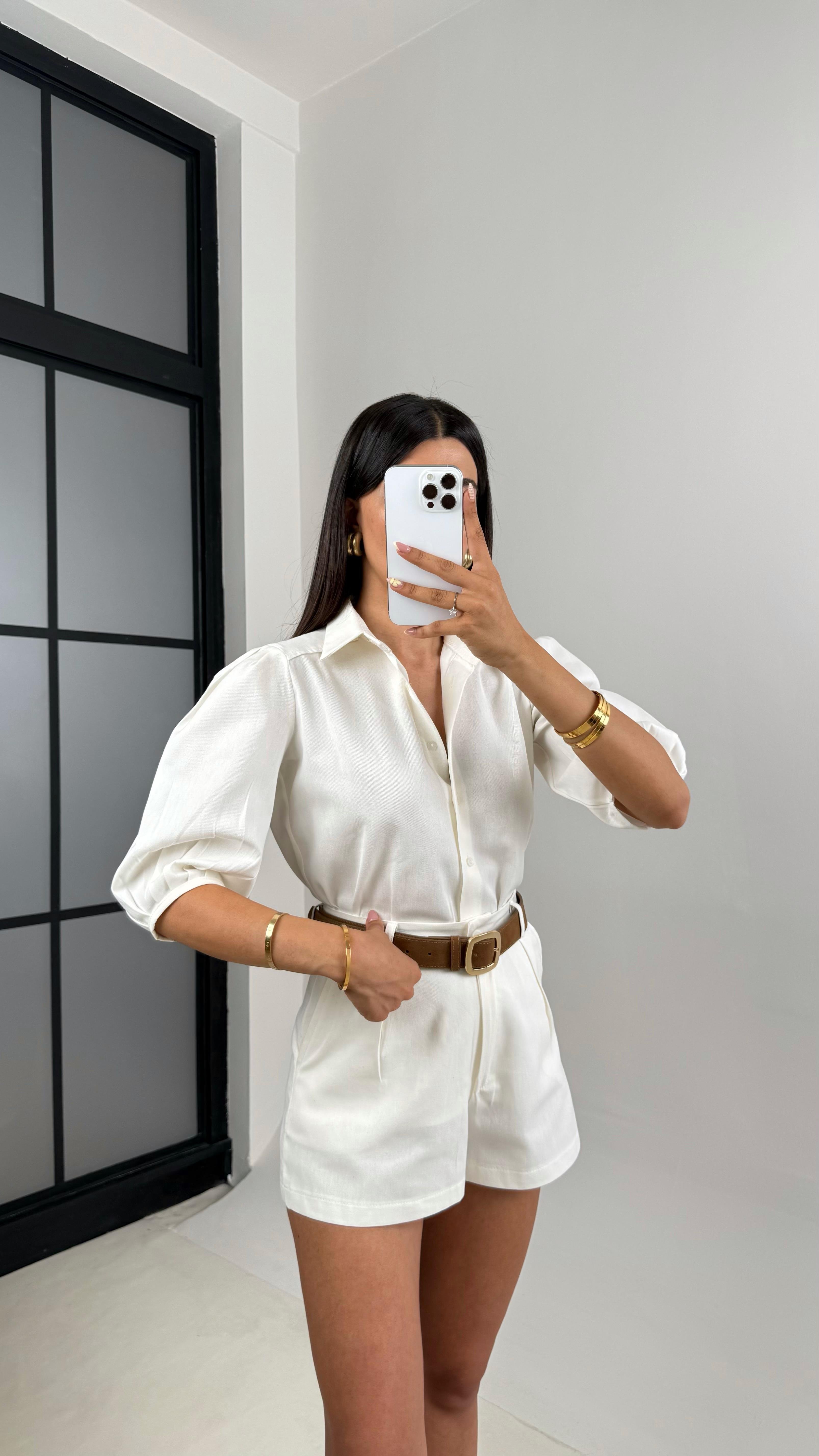 Beyaz Balon Kol Gömlek Şortlu Premium Keten Takım Gaus00675GausTAKIMGU1002556