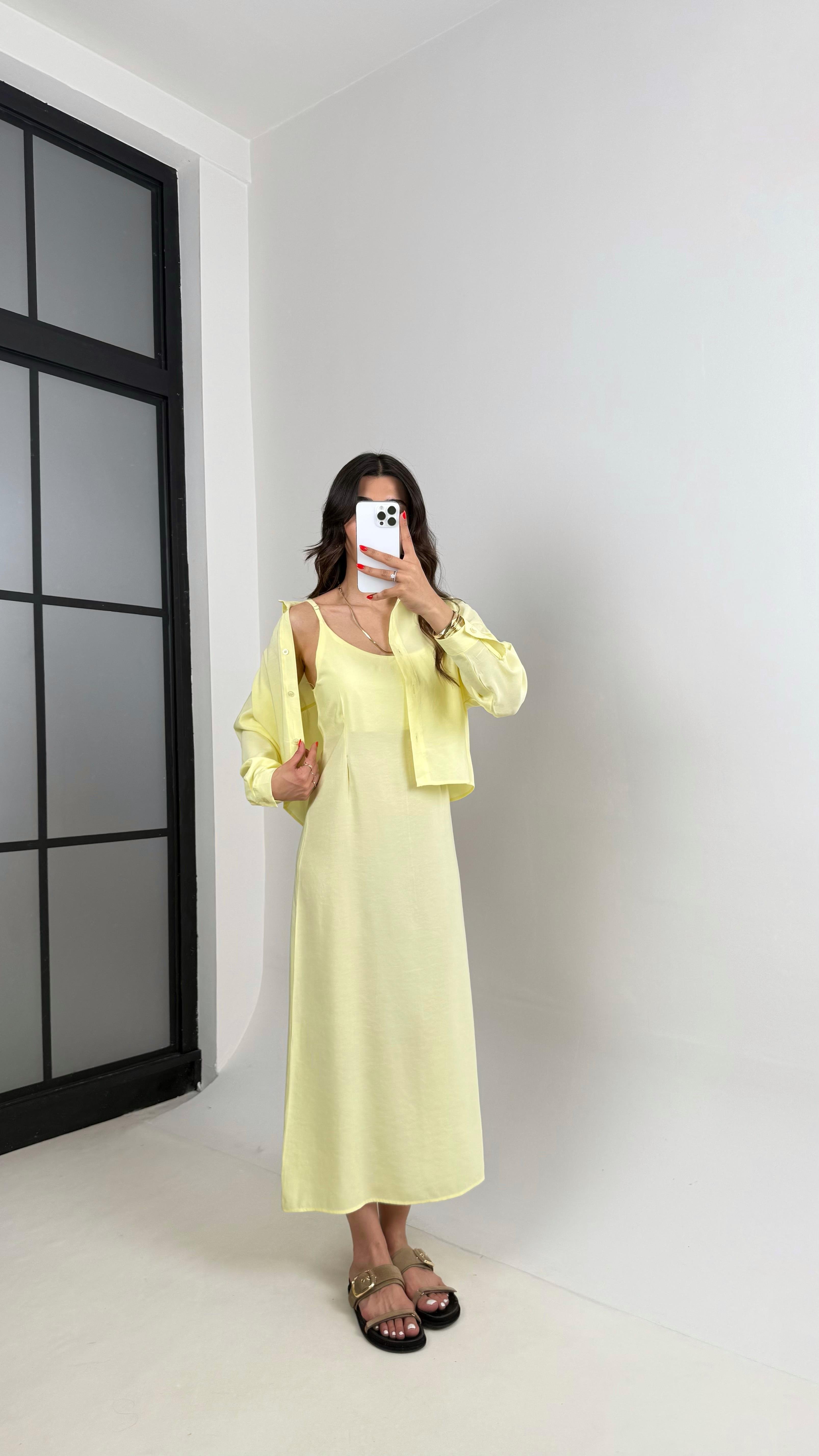 Sarı Ayarlanabilir Askılı Elbise Gömlek İkili Tensel Takım Gaus00467GausTAKIMGU1002093