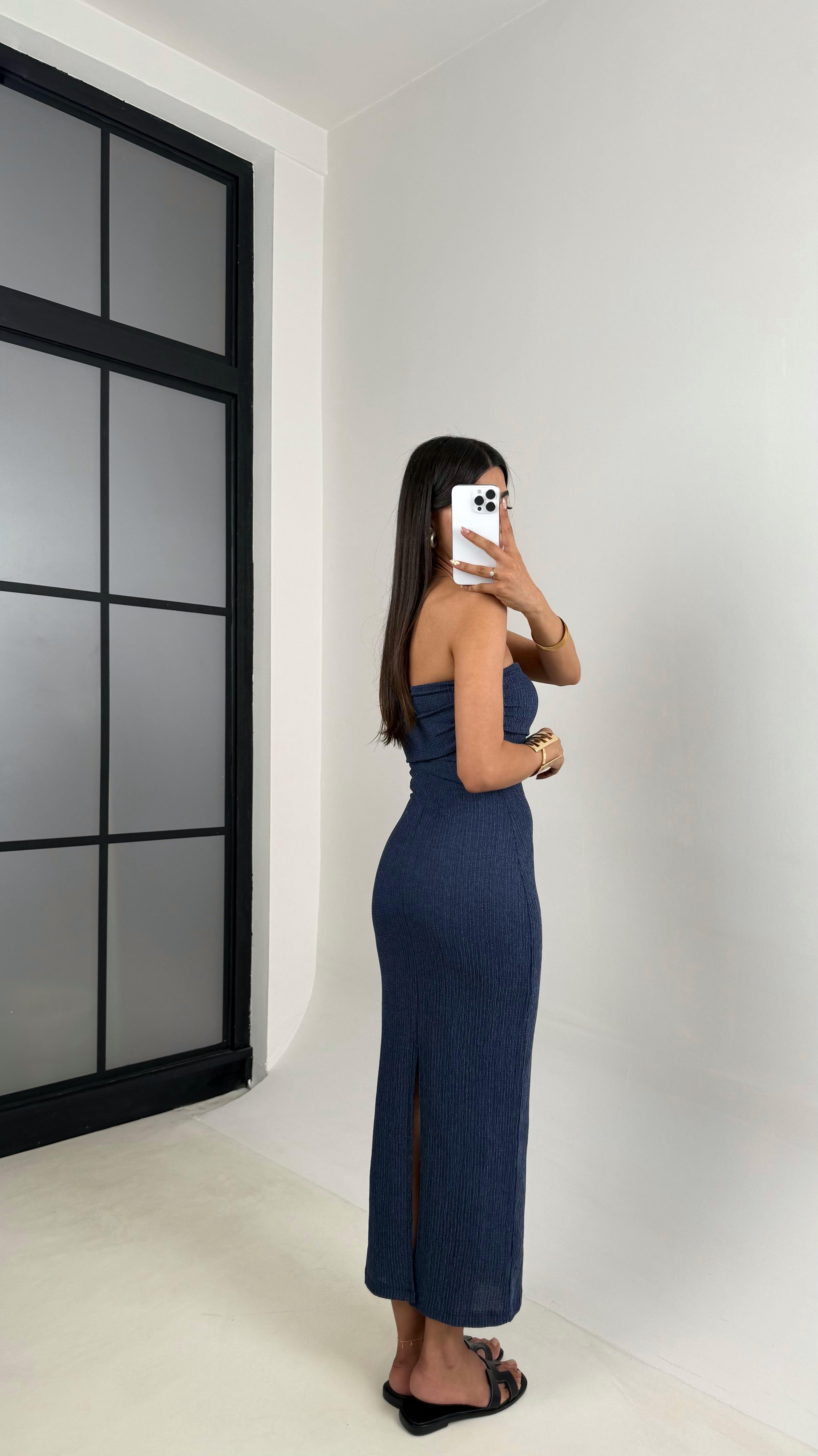 Mavi Straplez Yırtmaçlı Bürümcük Elbise Gaus00645GausELBİSEGU1002498