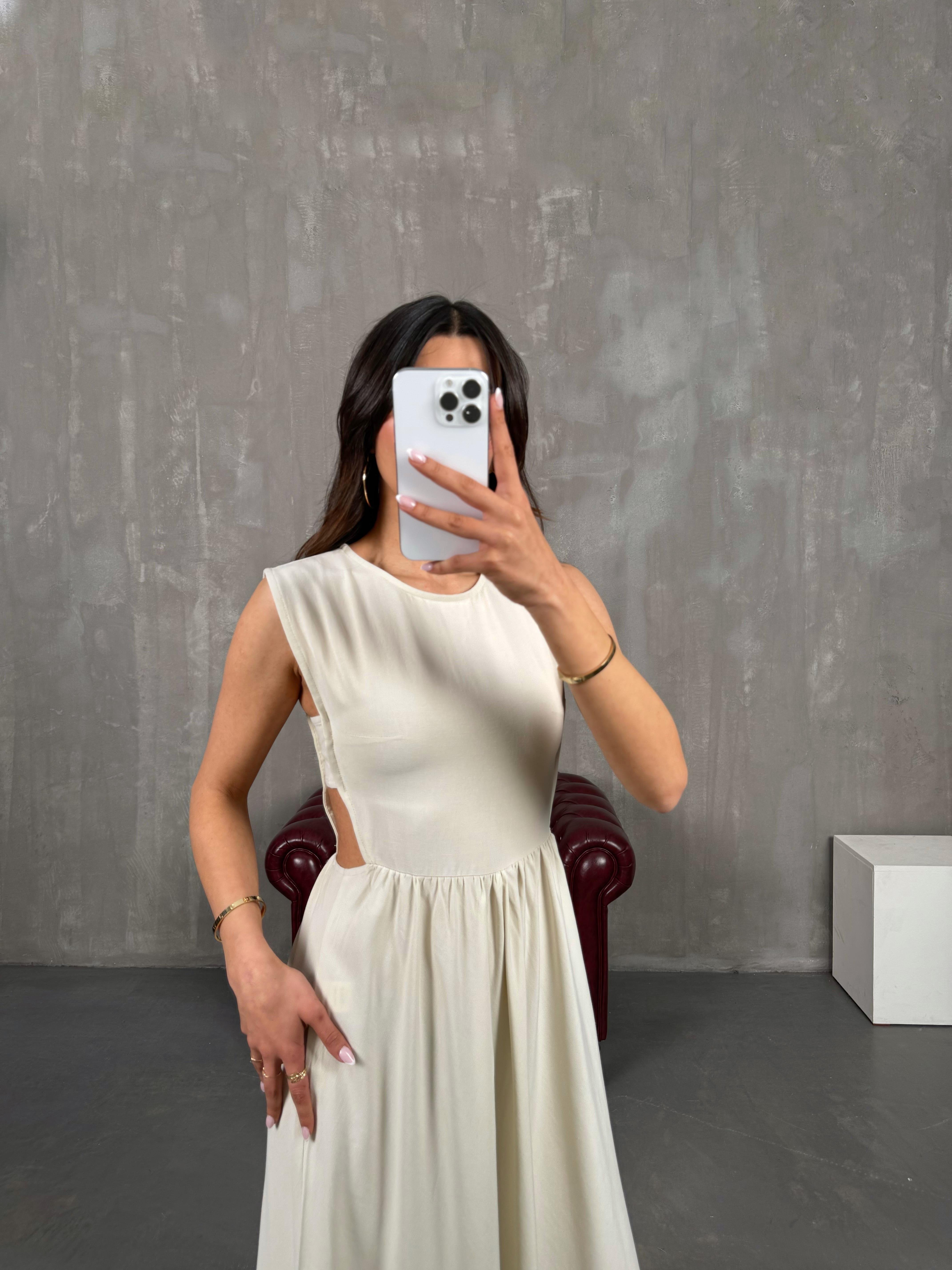 Taş Yan Dekolteli Keten Elbise Gaus00255GausELBİSEGU1001592