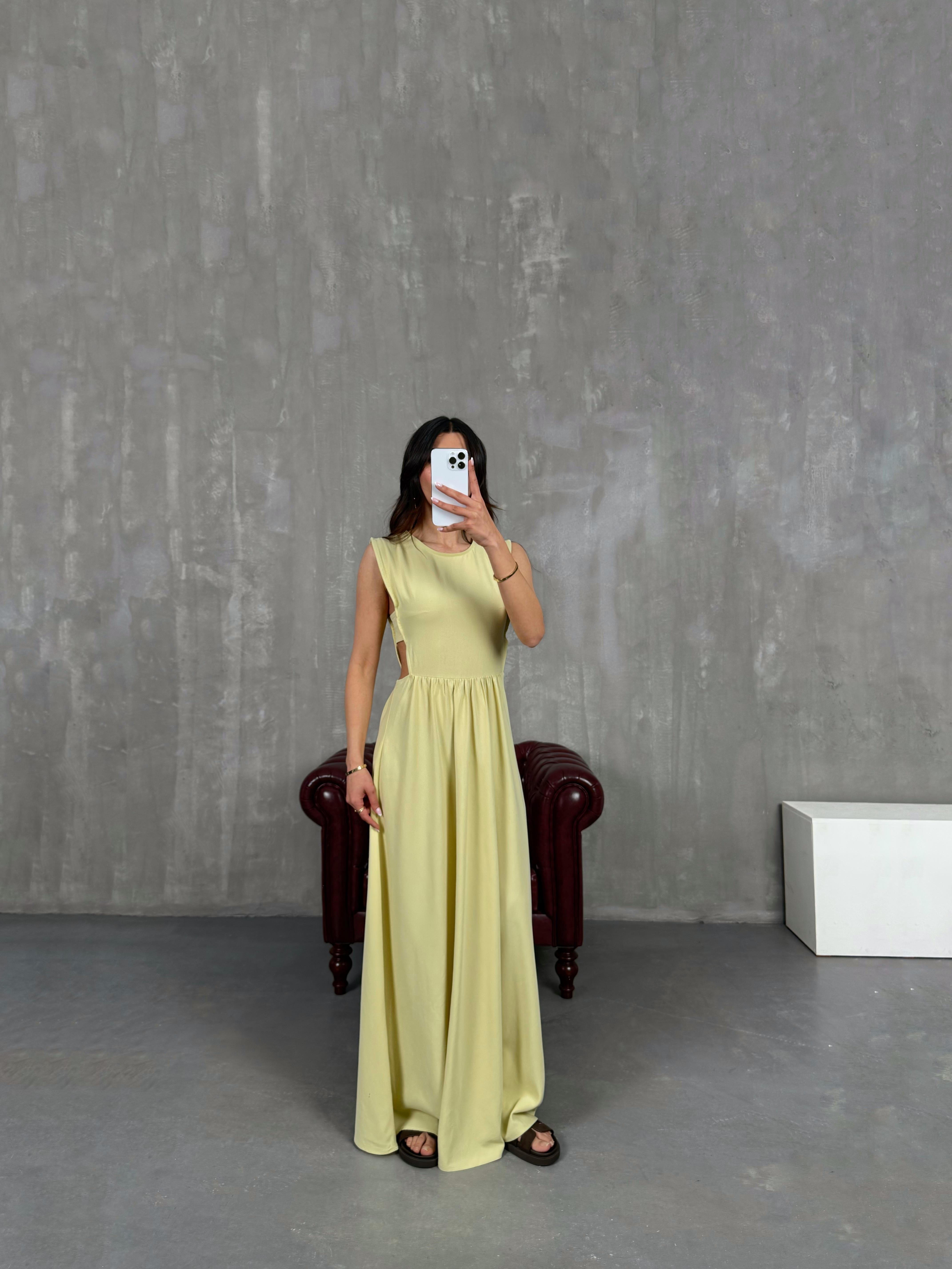 Sarı Yan Dekolteli Keten Elbise Gaus00255GausELBİSEGU1001594