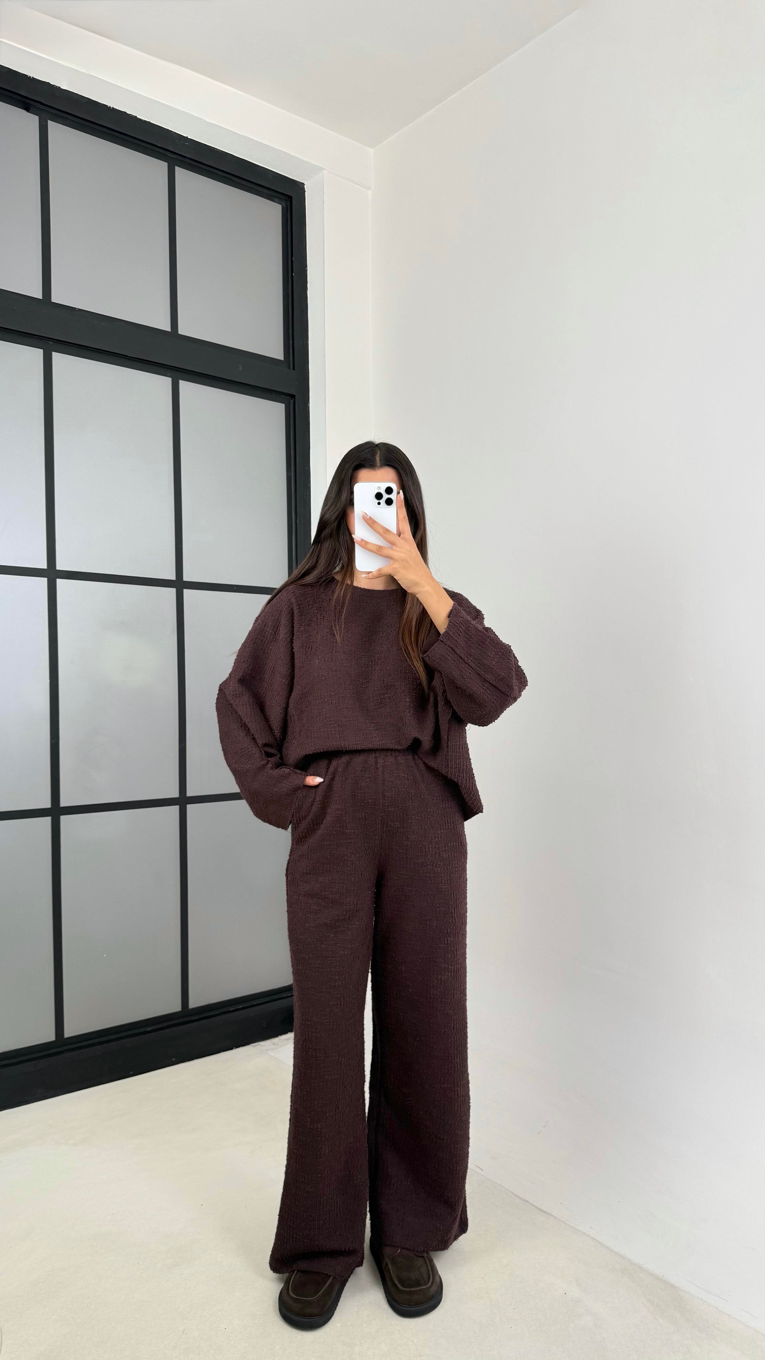 Acı Kahve Kazak Beli Lastikli Pantolon Buklet Kumaş İkili Takım GAUS-00138GAUSTAKIMGAUS-00138