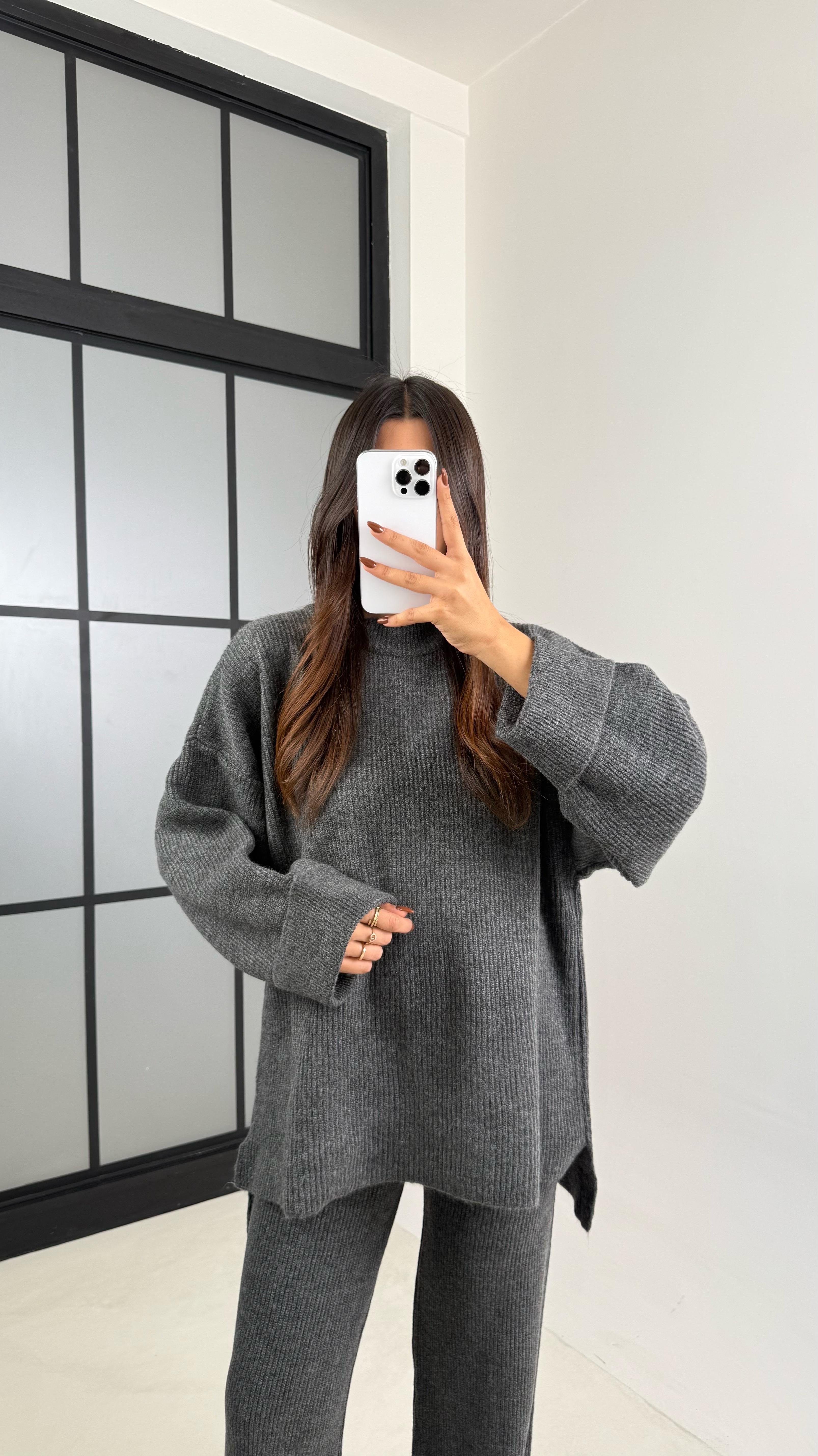 Antrasit Duble Kol Kazak Beli Lastikli Pantolon Triko Takım GAUS-00200GAUSTAKIMGAUS-00200