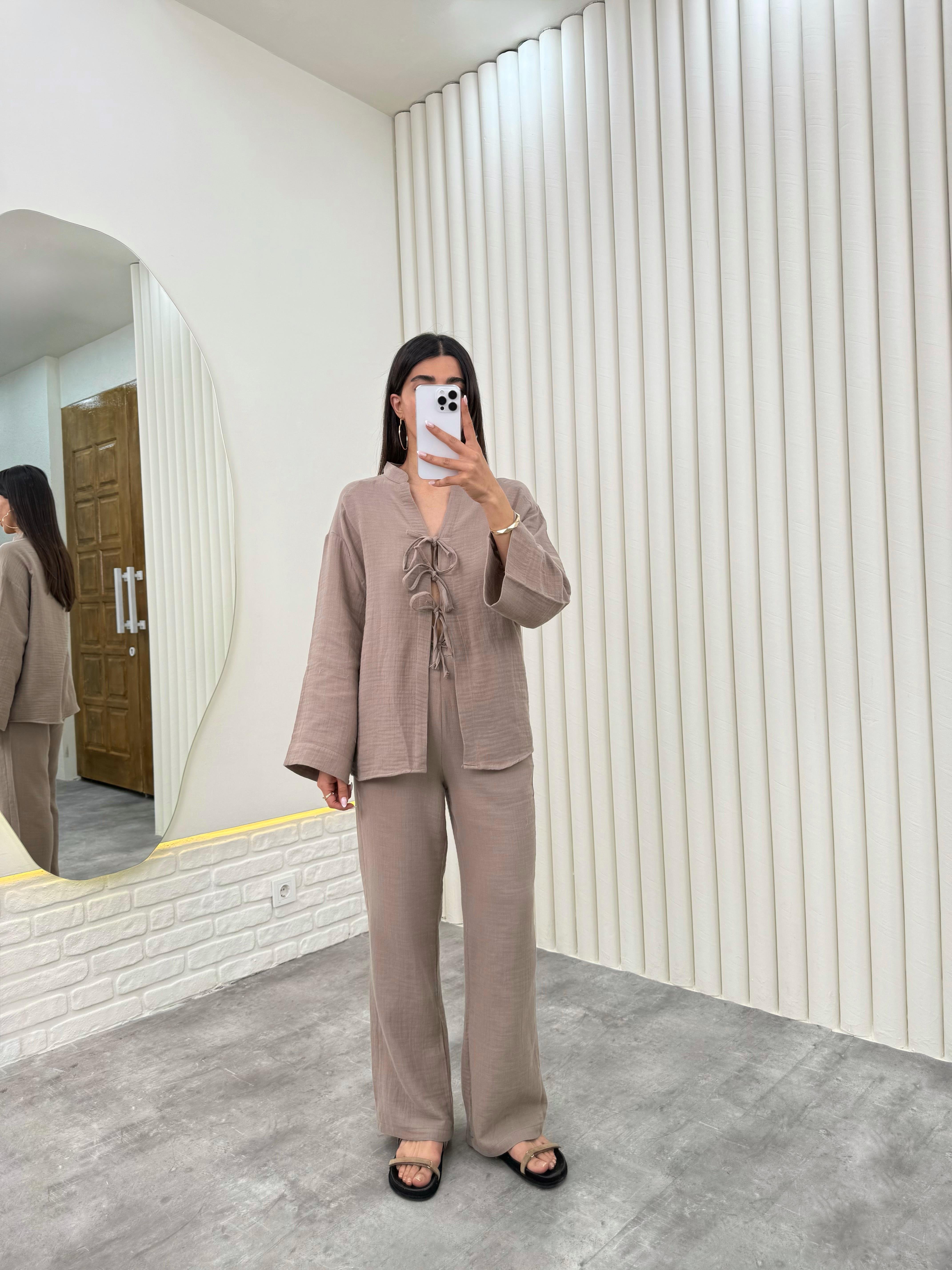 Vizon Önü Bağlamalı Beli Lastikli Müslin Kumaş Takım Gaus00282GausTAKIMGU1001658