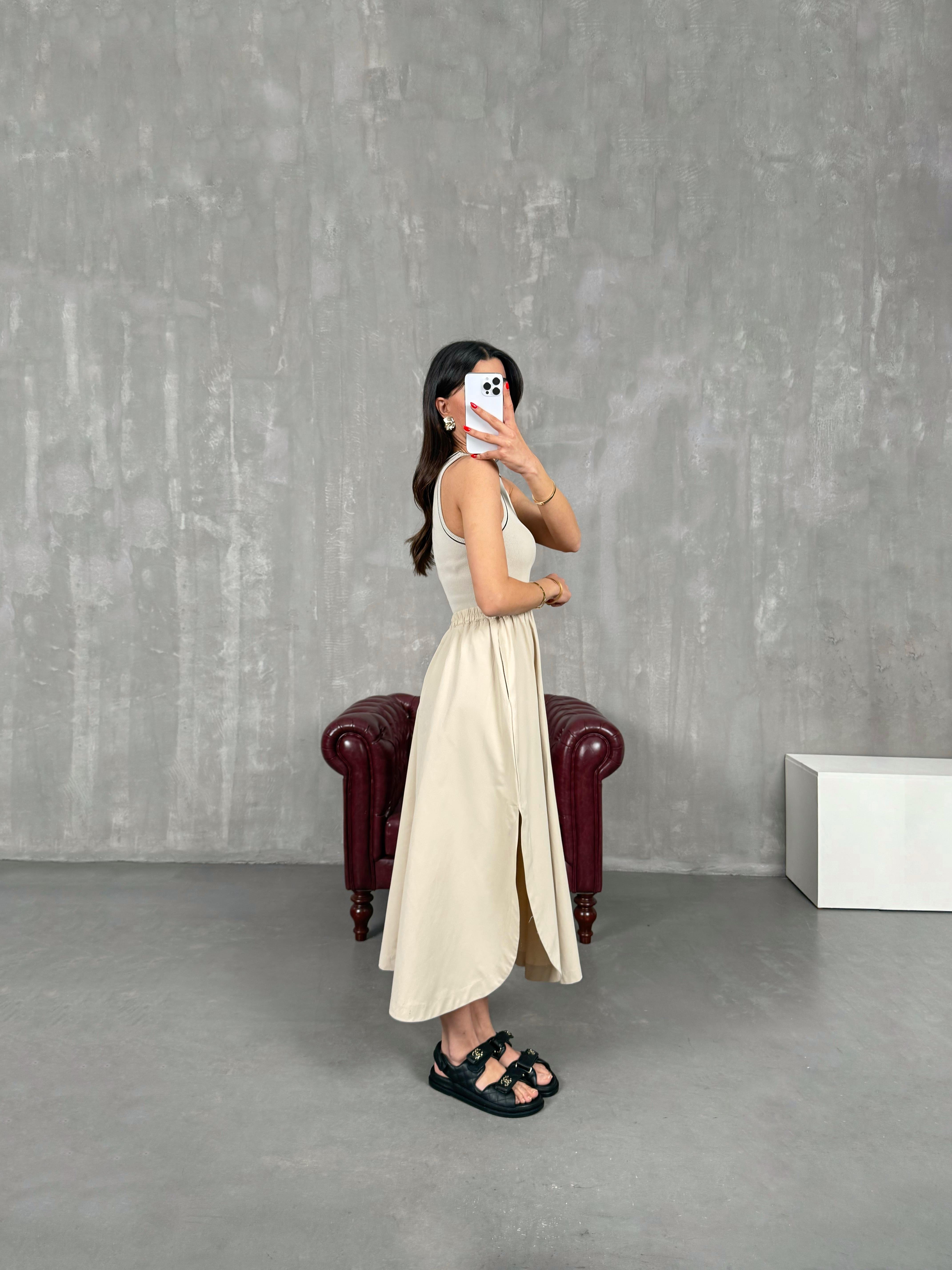 Taş Poplin Karışımlı Fitilli Sıfır Kol Yırtmaçlı Cepli Elbise Gaus00172GausELBİSEGU1001398