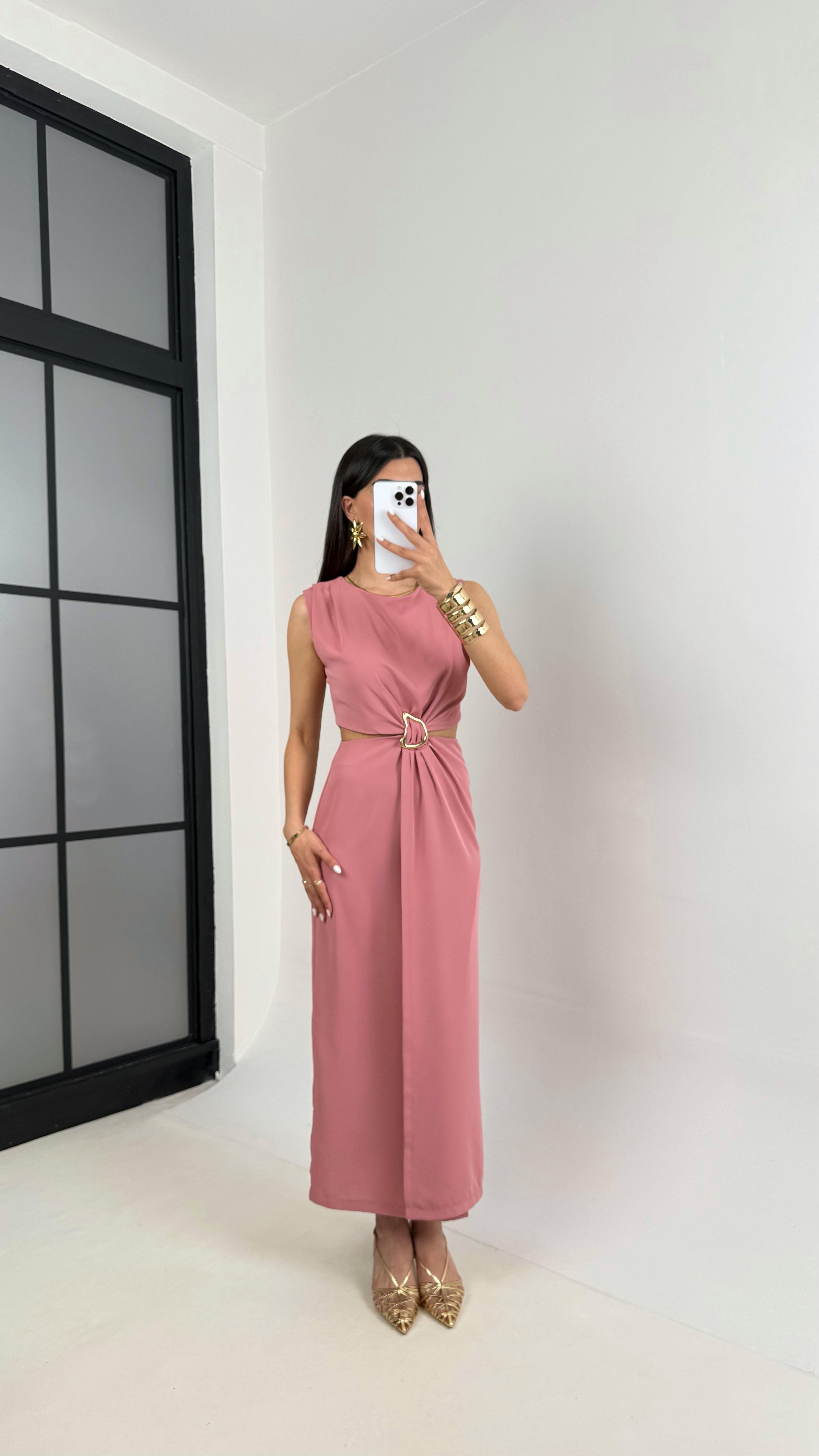 Somon Yan Dekolteli Gold Toka Detaylı Yırtmaçlı Elbise Gaus00434GausELBİSEGU1002023