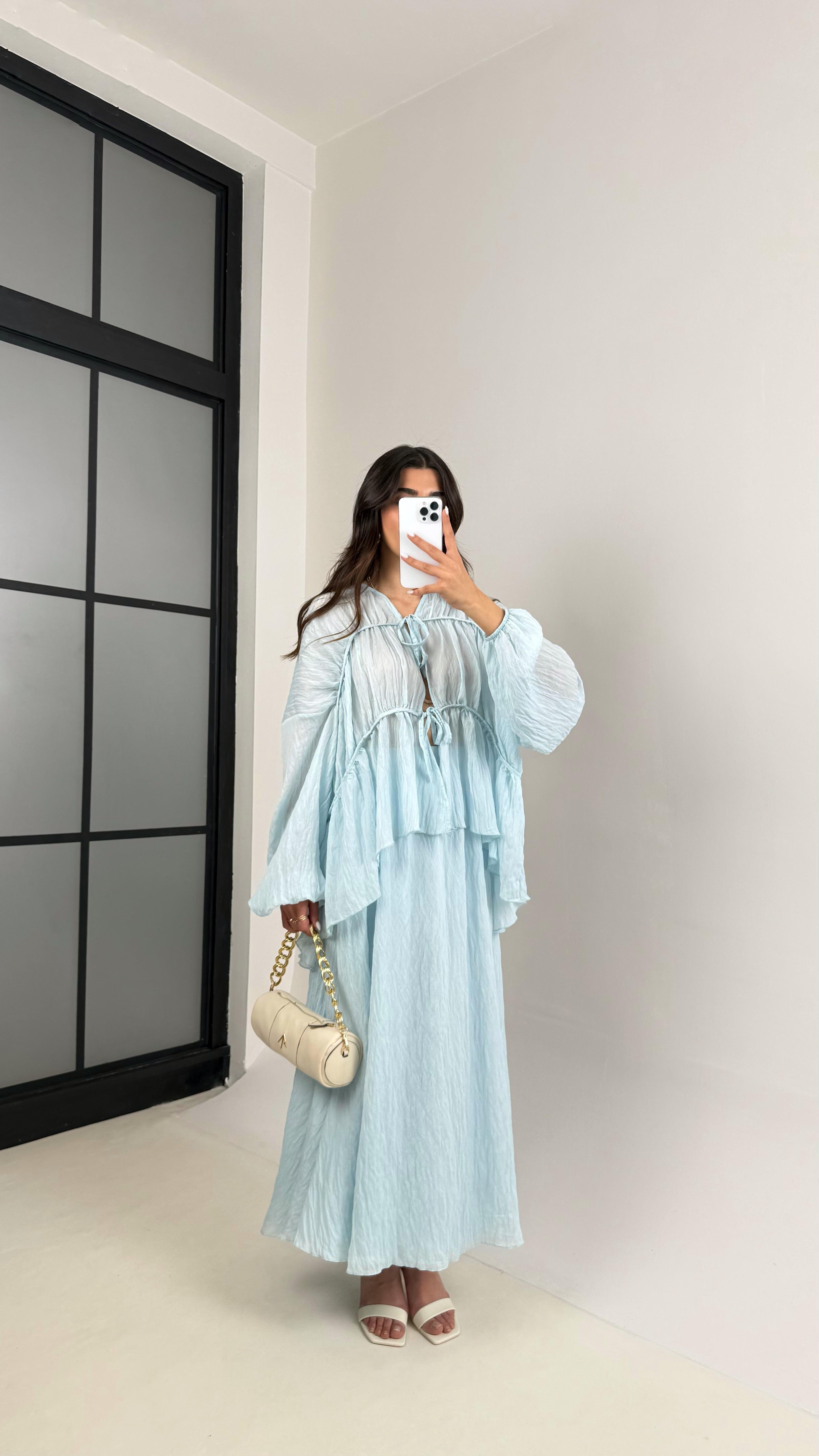 Mavi Gipeli Önden Bağlamalı Üst Astarlı Etek İkili Kırışık Kumaş Takım Gaus00426GausTAKIMGU1001994