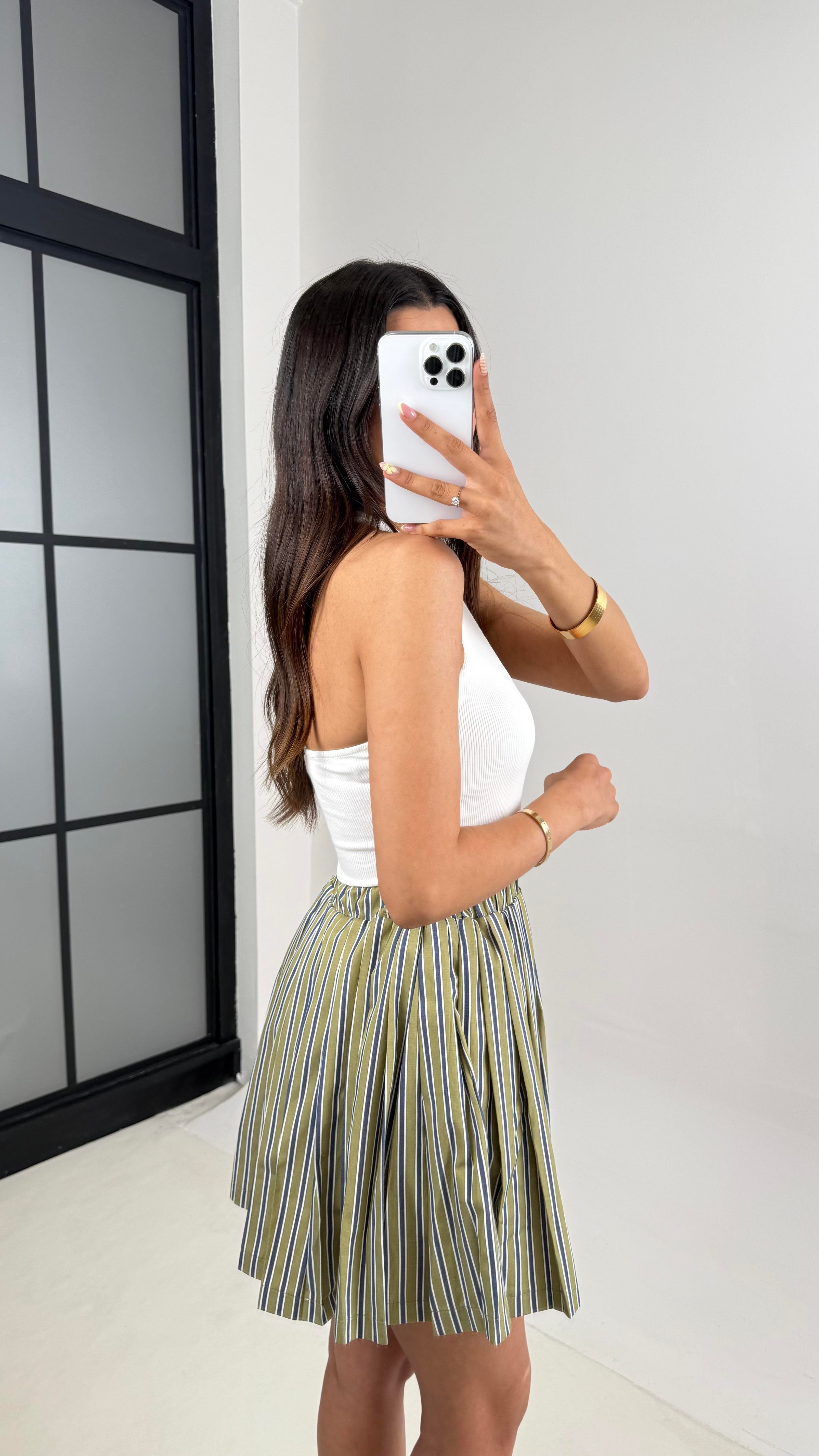 Yeşil Antrasit Şeritli Pileli Şort Etek Gaus00650GausETEKGU1002511