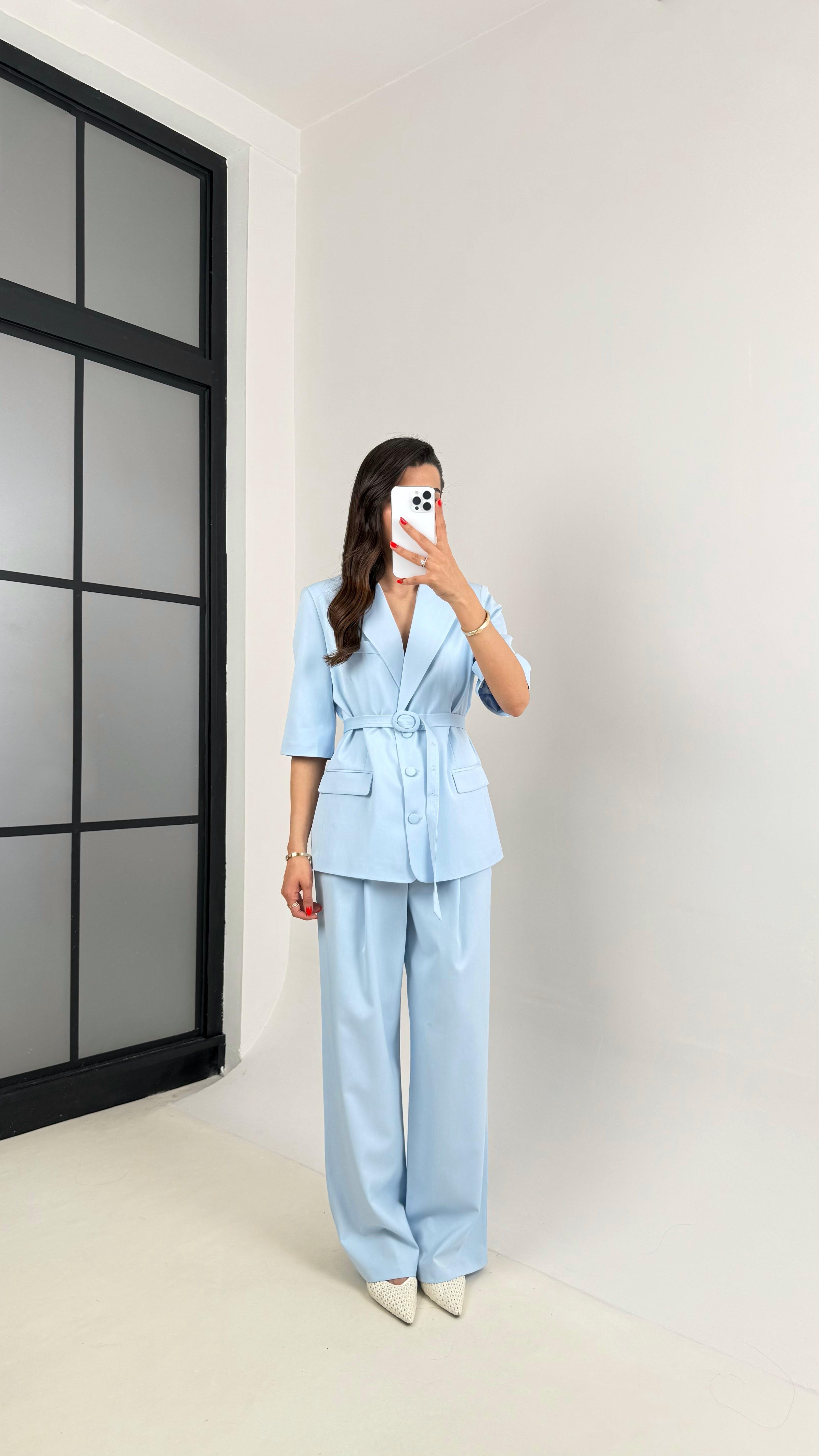 Mavi Yarım Kol Astarlı Vatkalı Kemerli Ceket Pantolon İkili Premium Takım Gaus00453GausTAKIMGU1002058