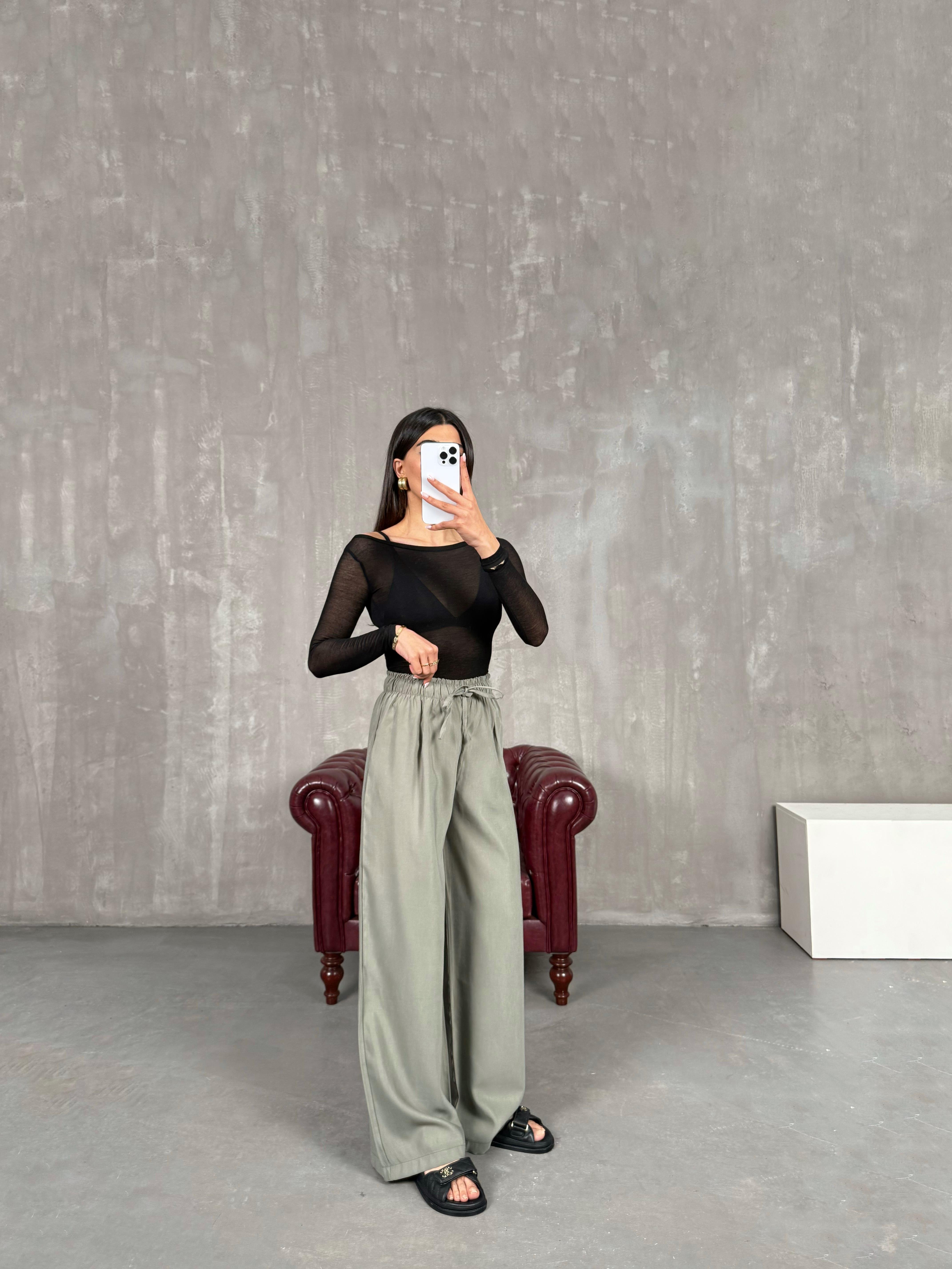 Haki Yüksek Bel İthal Kumaş Pantolon Gaus00271GausPANTOLONGU1001624