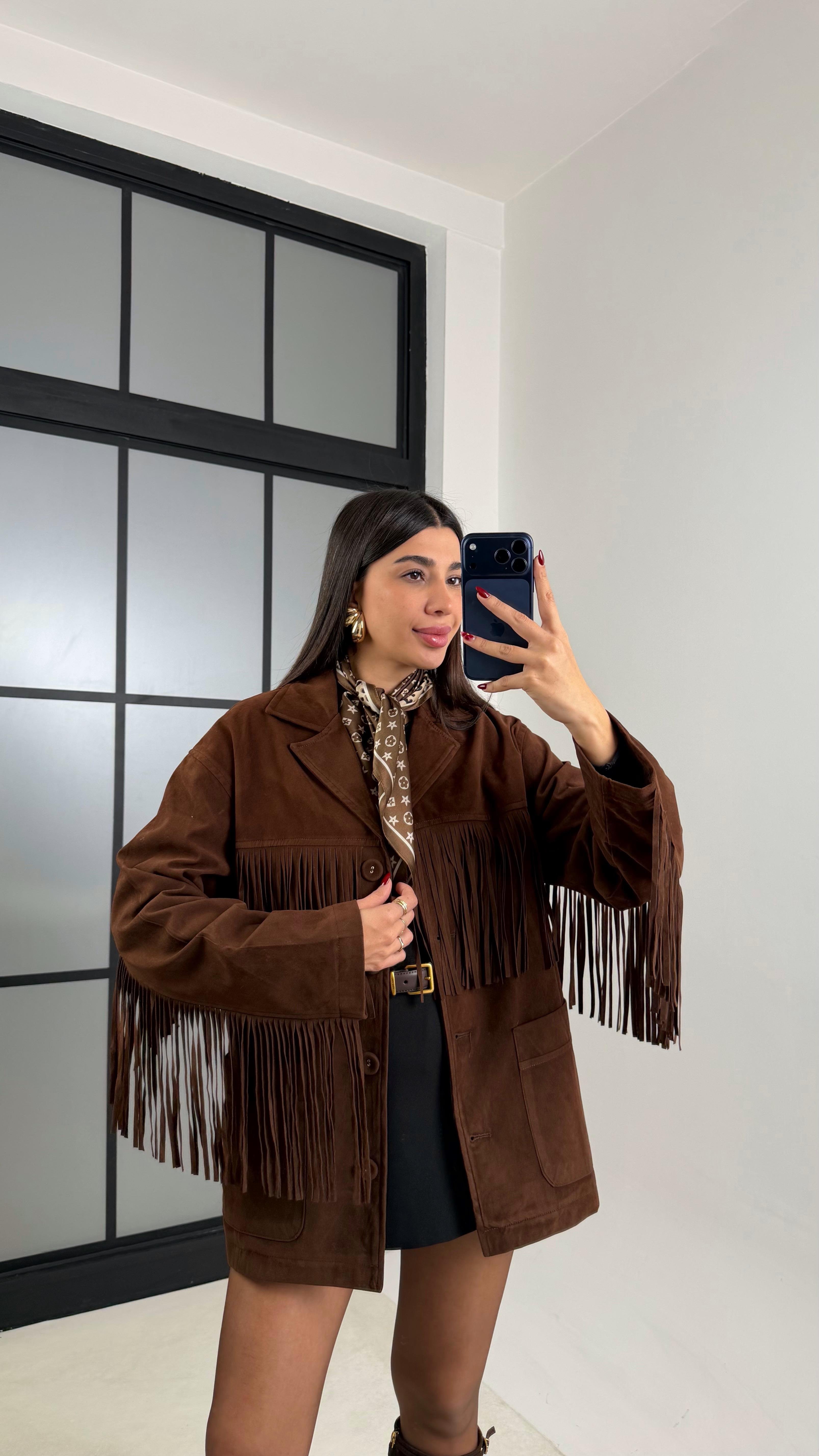 Acı Kahve Püskül Detaylı Astarlı Süet Ceket GAUS-00682GAUS السترات  GAUS-00682