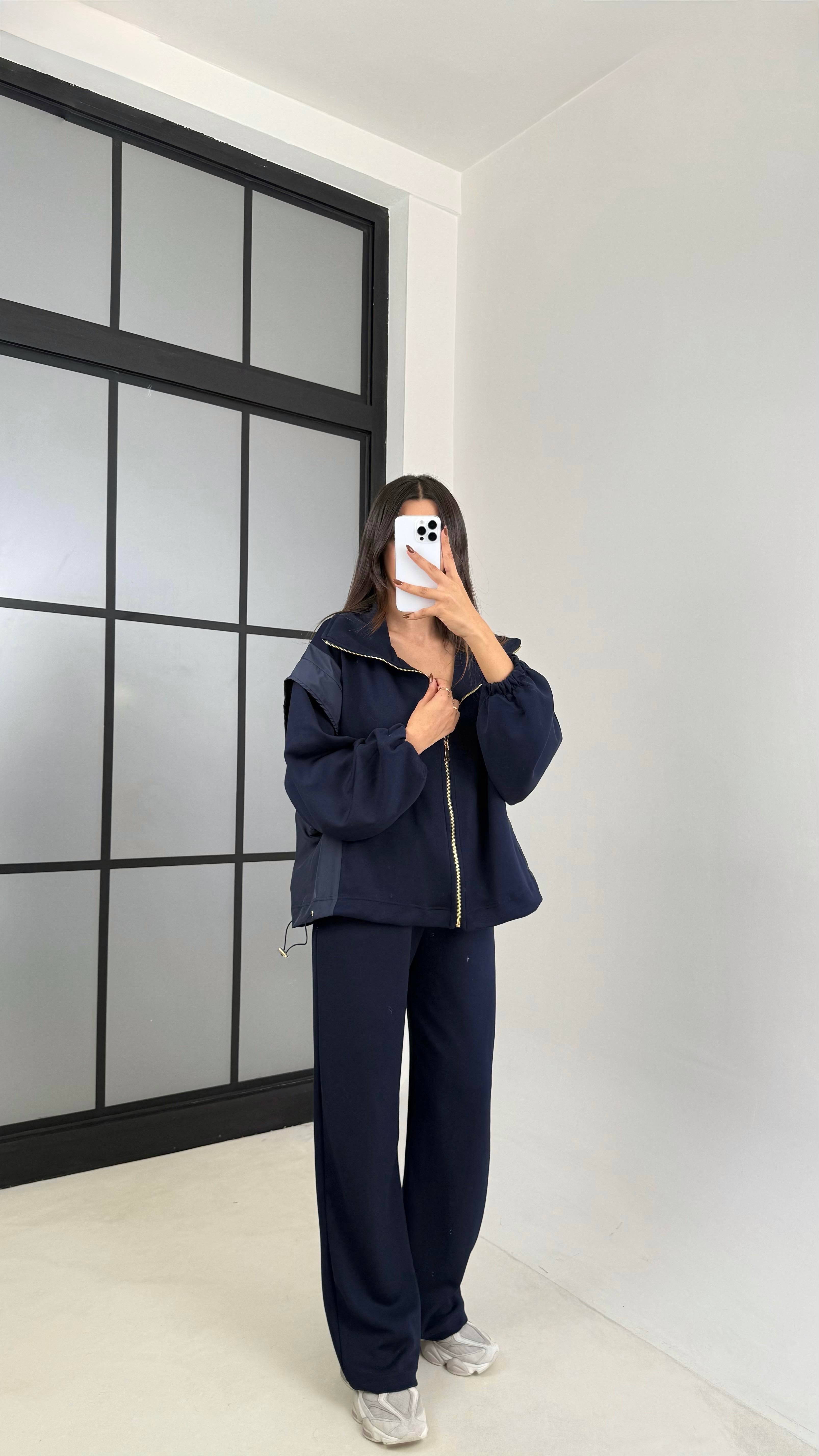 Lacivert Paraşüt Kumaş Detaylı Hırka Pantolon İkili Modal Kumaş Takım GAUS-00209GAUSTAKIMGAUS-00209