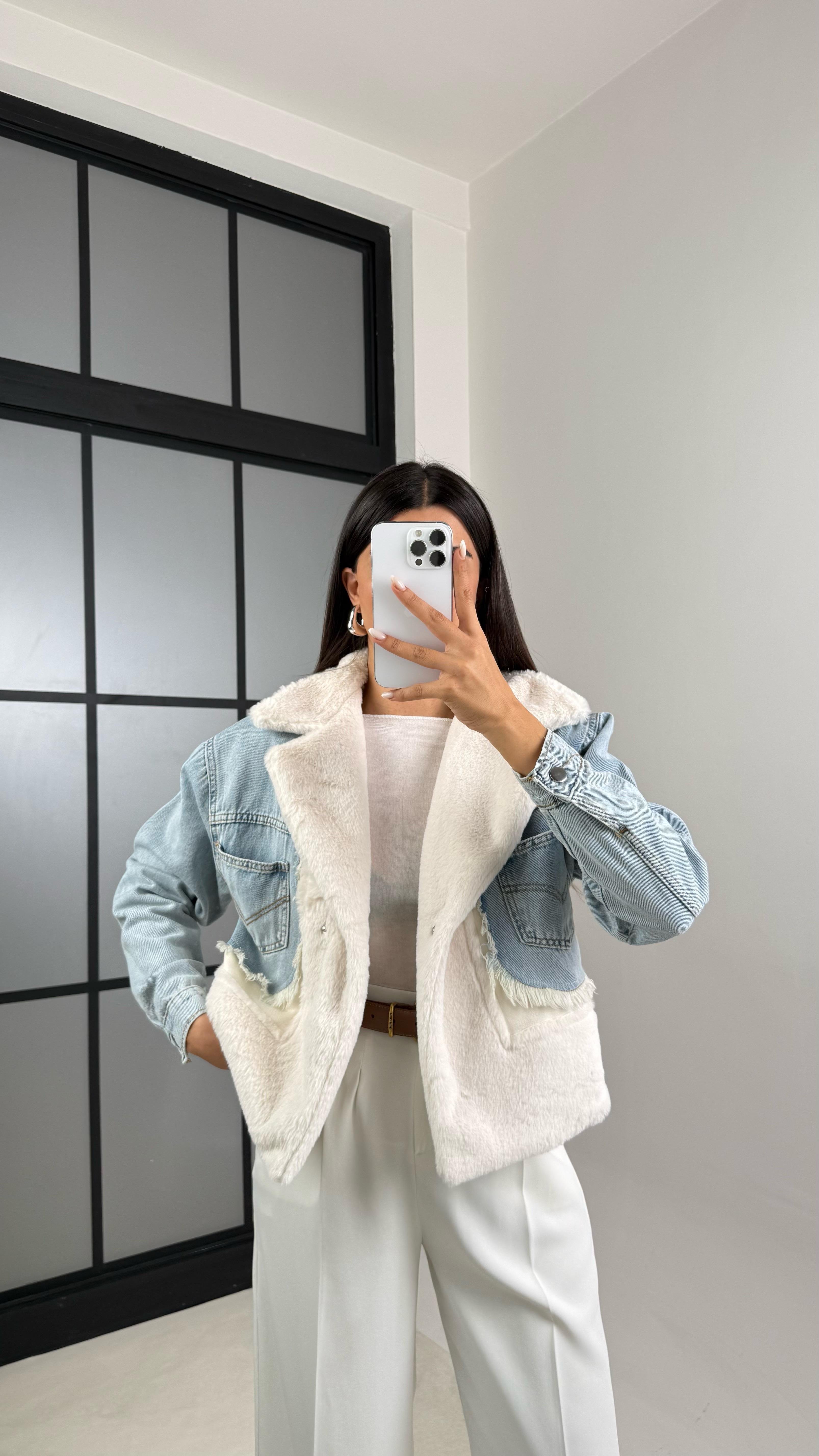 Ekru Denim Detaylı Peluş Ceket GAUS-00583GAUS السترات  GAUS-00583