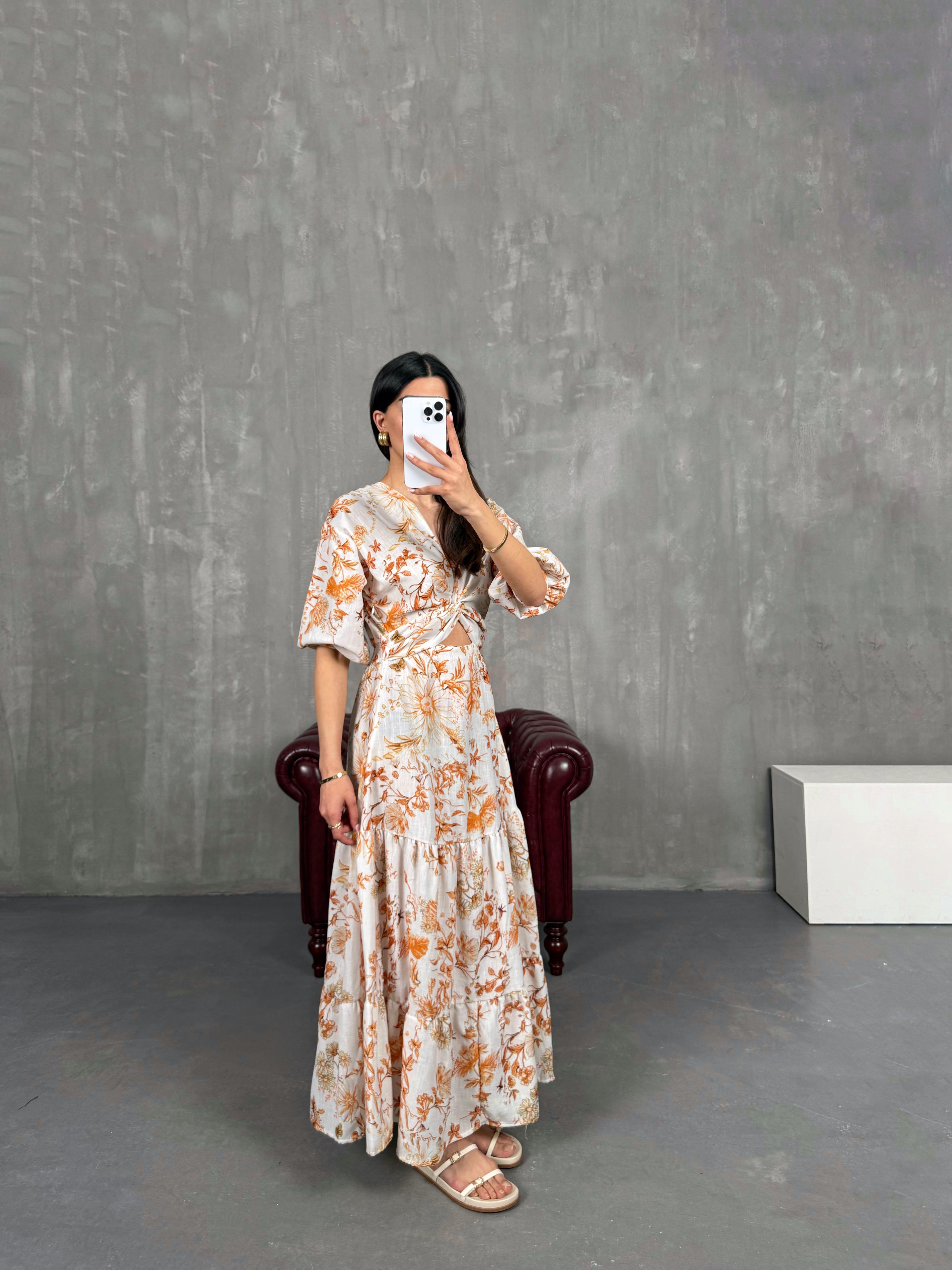 Taş V Yaka Turuncu Çiçek Desenli Beli Lastikli Keten Elbise Gaus00266GausELBİSEGU1001614