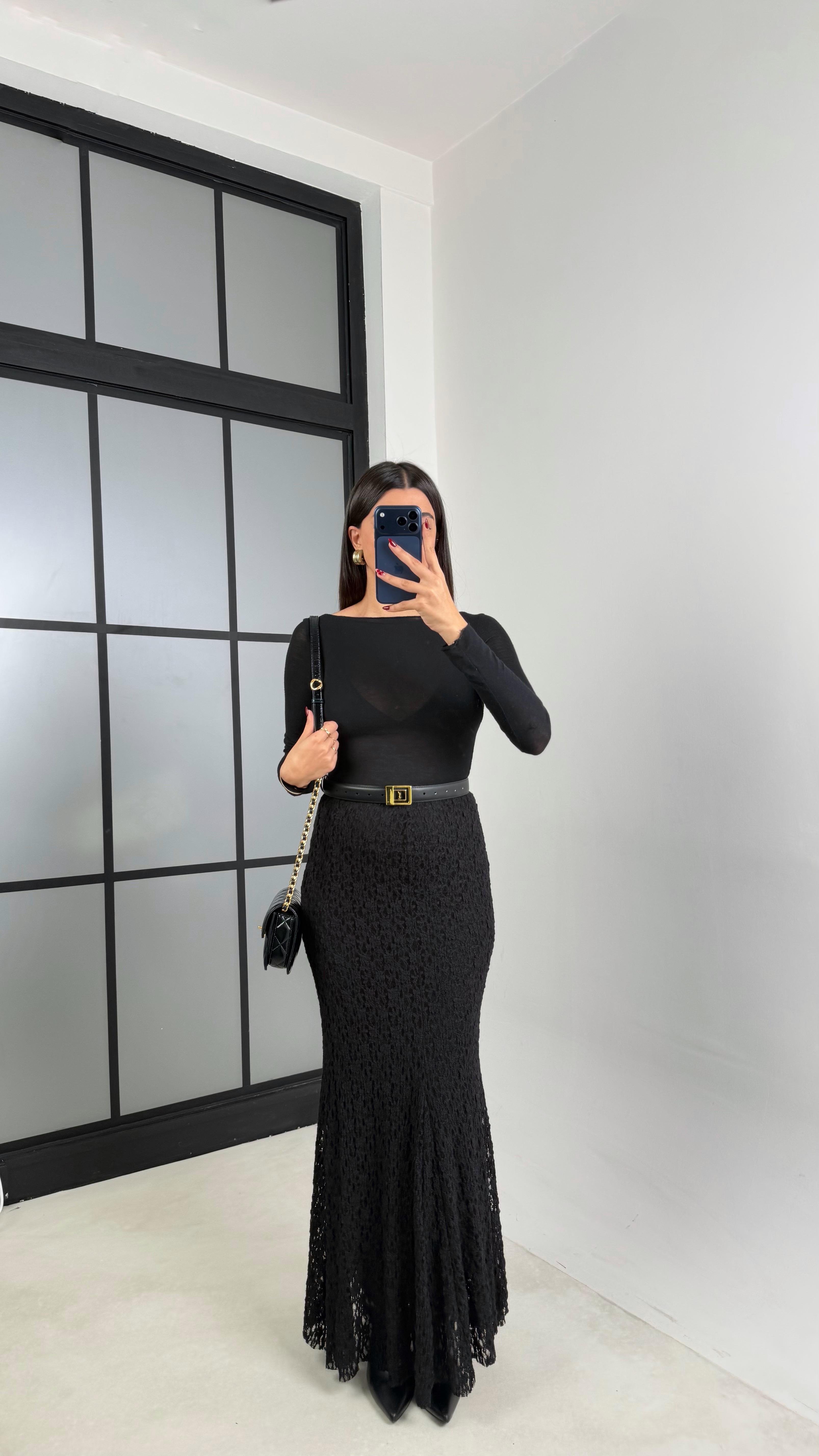 Siyah Maxi Boy Full Astarlı Dantel Etek GAUS-00714GAUSETEKGAUS-00714