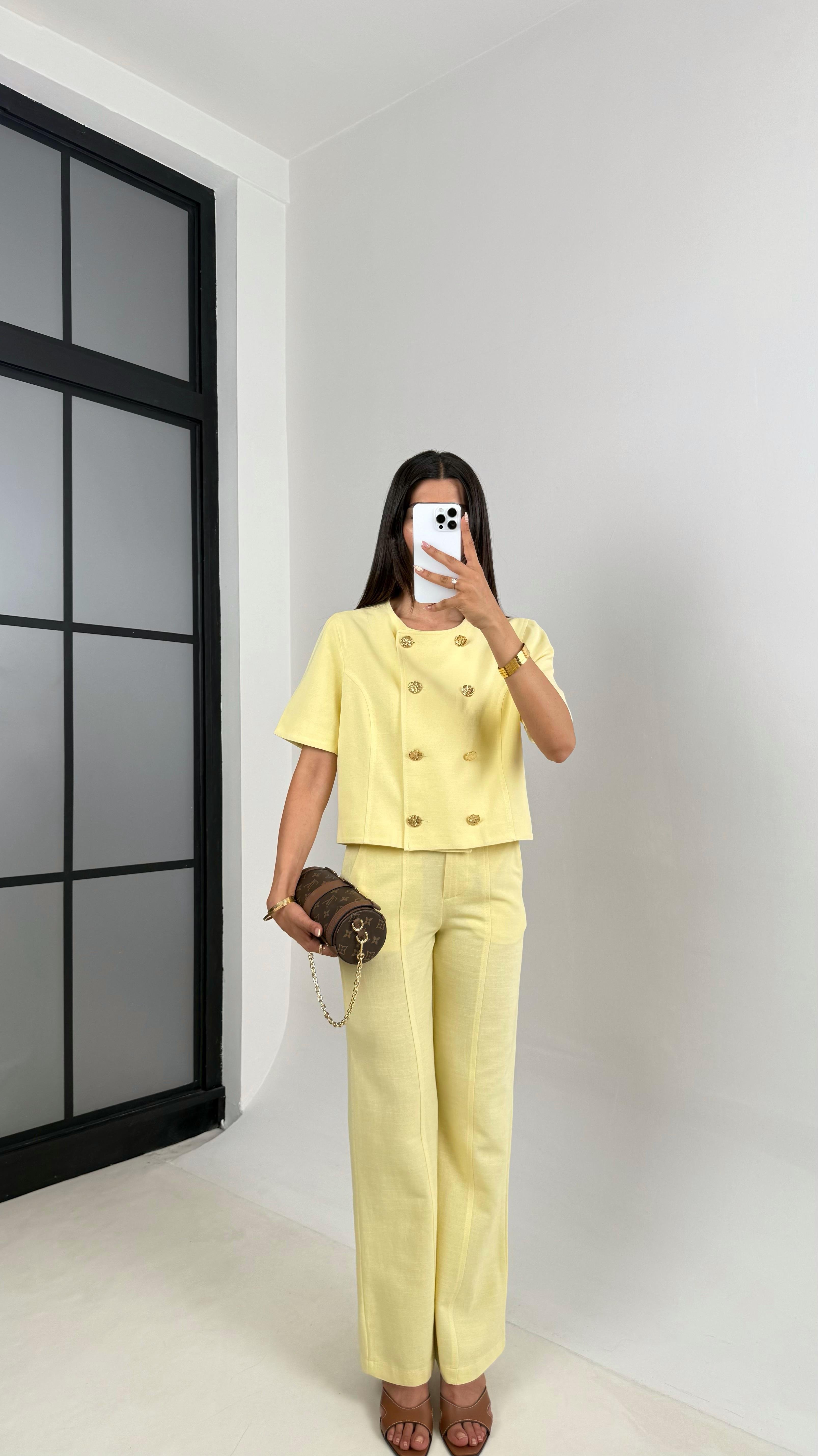 Sarı Önü Düğmeli Astarlı Yelek Cepli Pantolon İkili Keten Takım Gaus00670GausTAKIMGU1002548