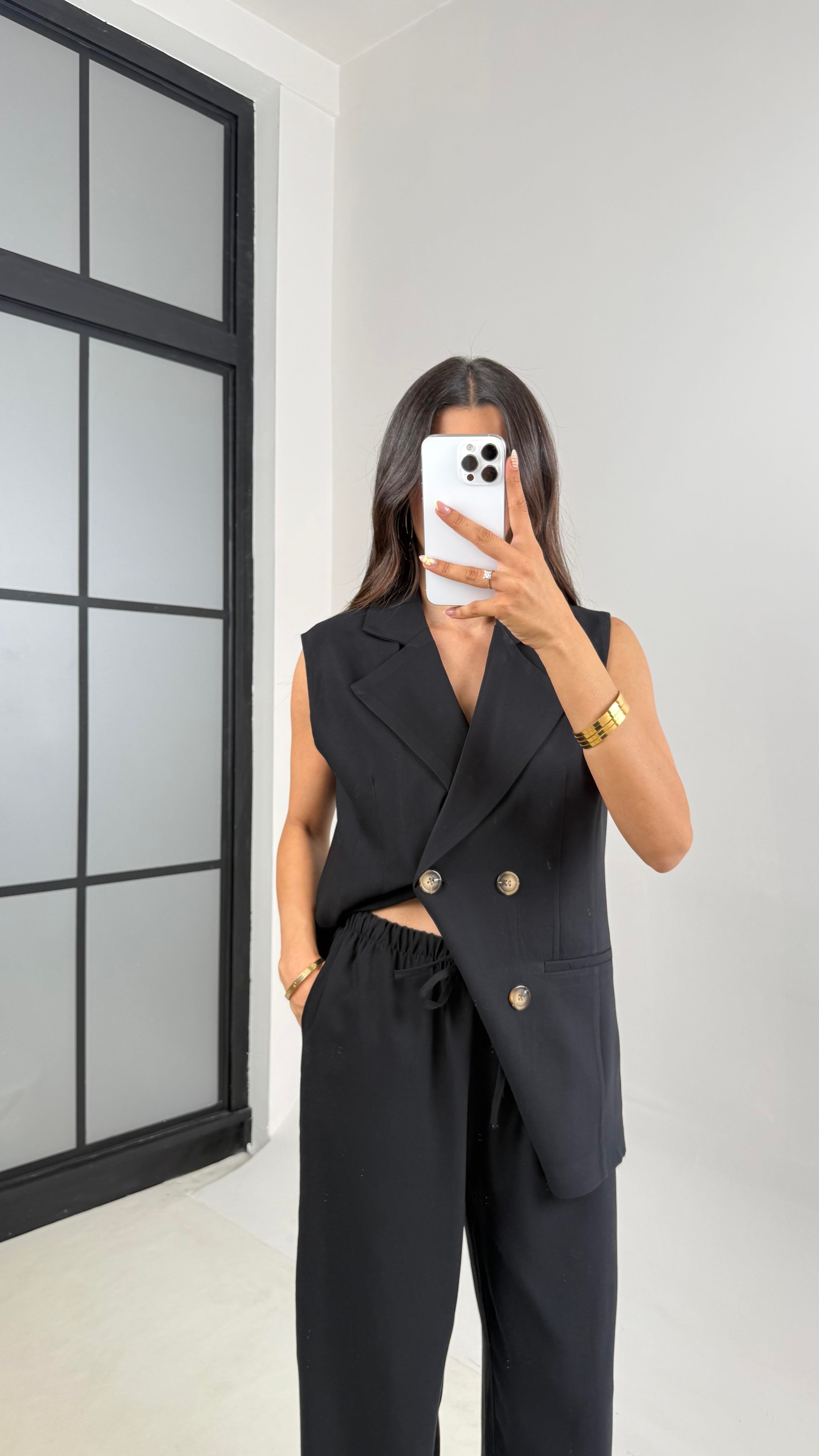 Siyah Önü Düğmeli Astarlı Yelek Beli Lastikli Pantolon Premium Kumaş Takım Gaus00653GausTAKIMGU1002516