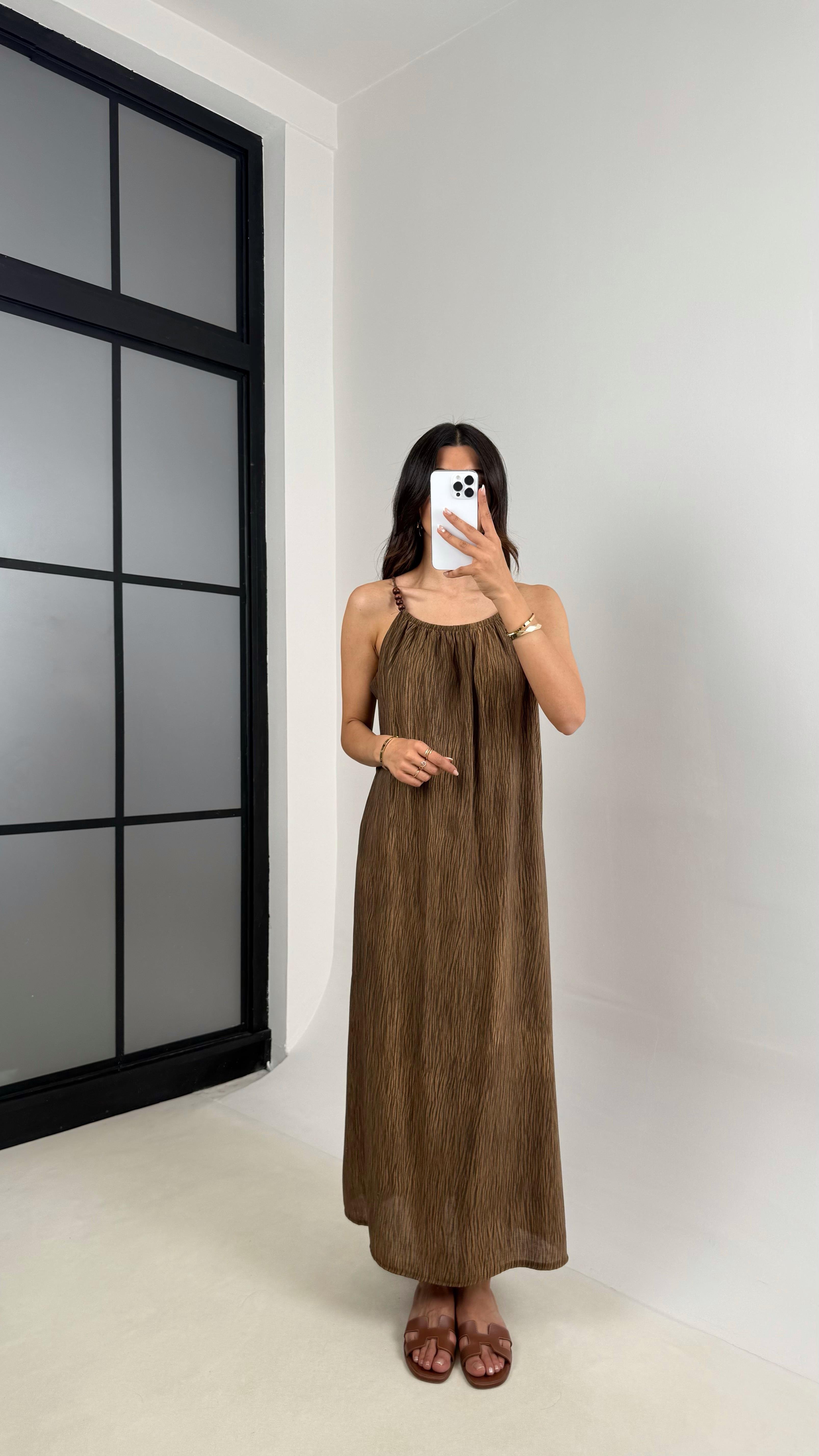 Kahve Boncuk Askılı Desenli Astarlı Premium Elbise Gaus00530GausELBİSEGU1002240