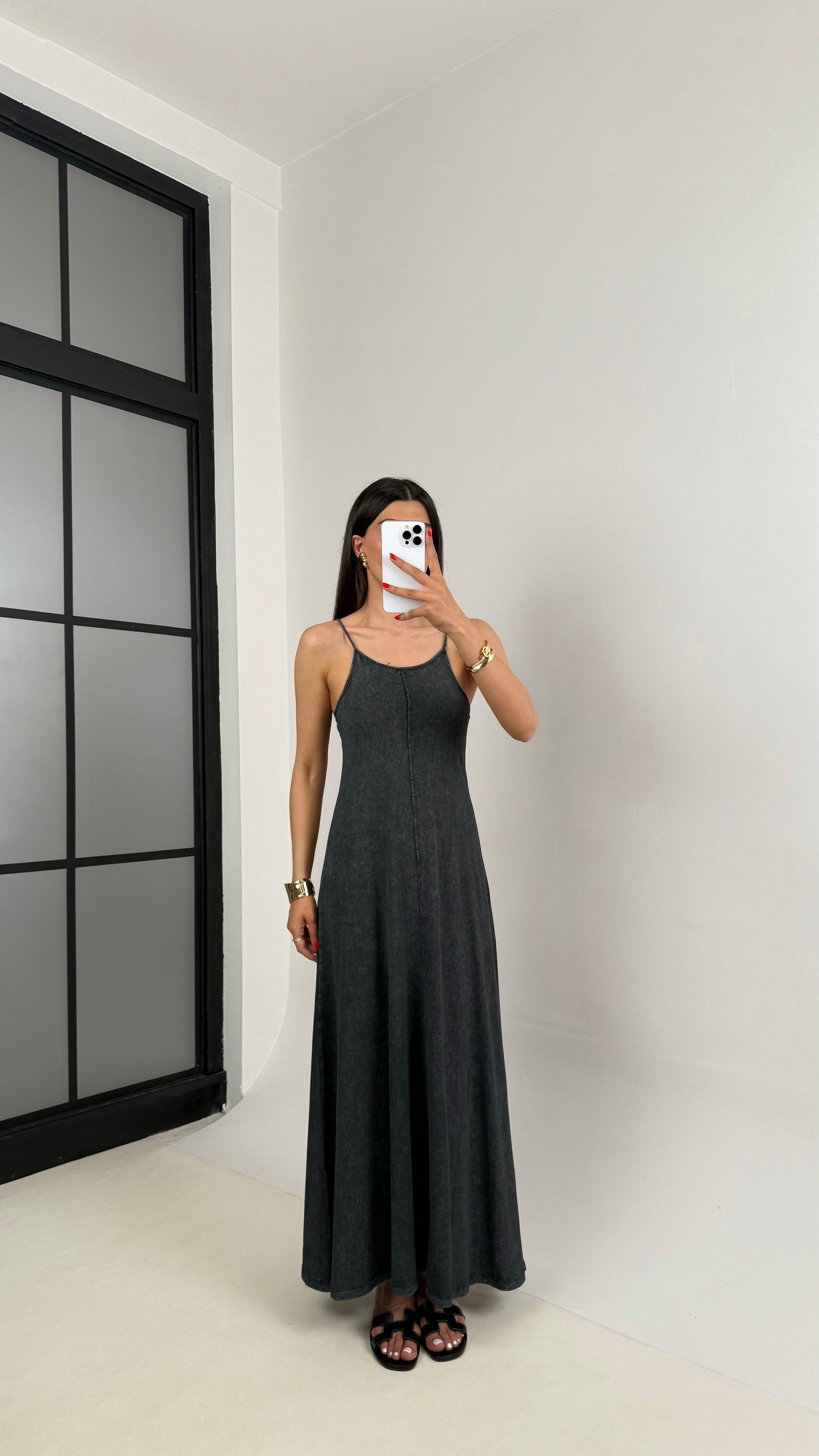 Antrasit Yıkamalı Basic Ayarlanabilir Askılı Modal Kumaş Elbise Gaus00472GausELBİSEGU1002103