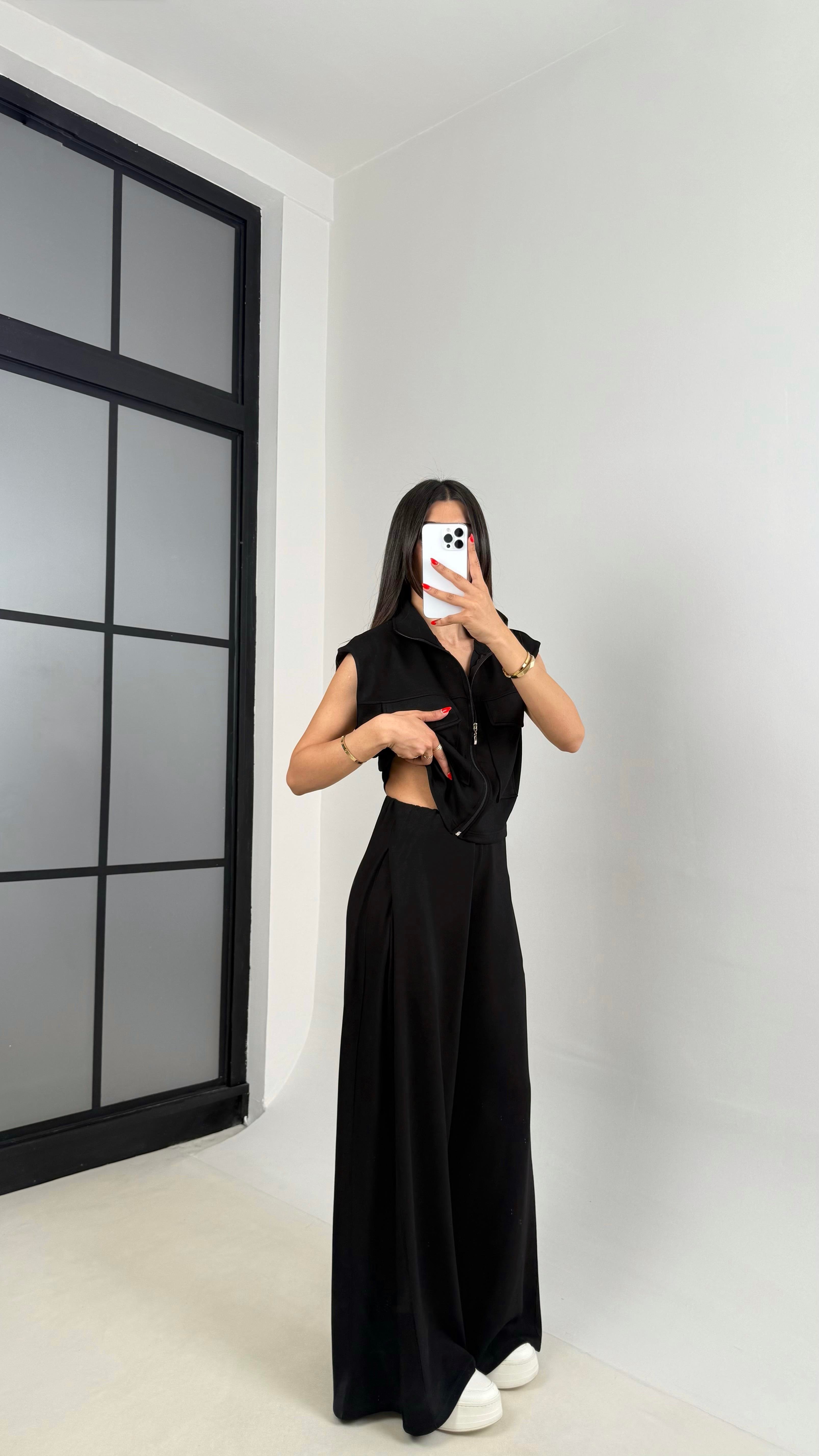 Siyah Cepli Yelek Beli Lastikli Pantolon Modal Eşofman Takım Gaus00523GausTAKIMGU1002229