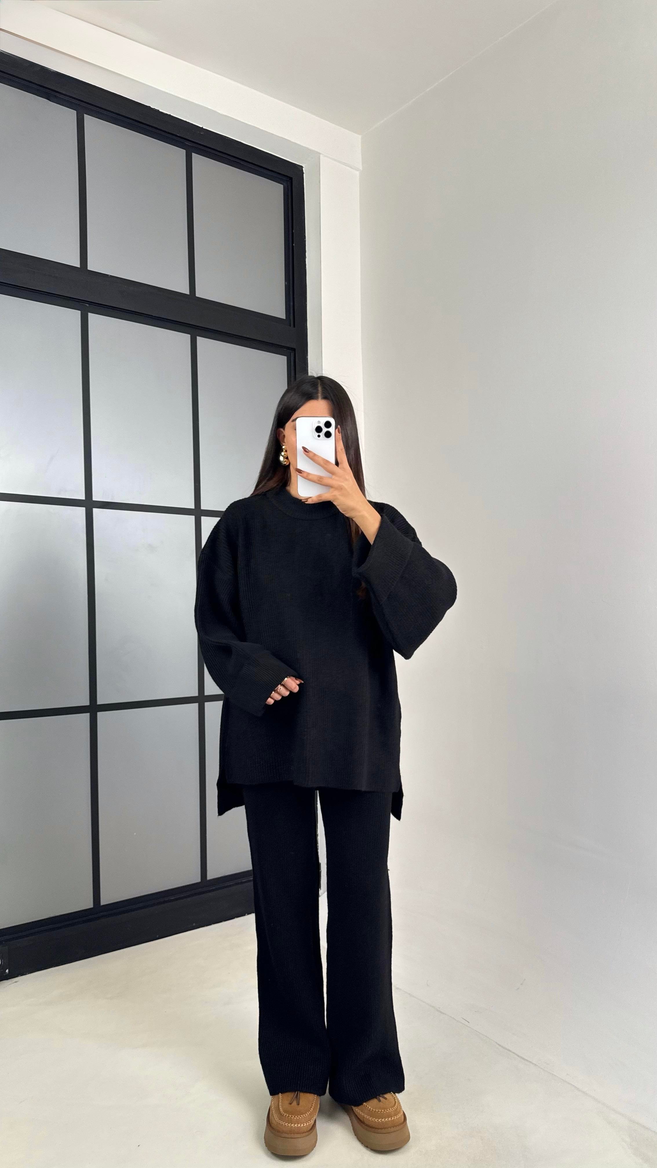 Siyah Duble Kol Kazak Beli Lastikli Pantolon Triko Takım GAUS-00200GAUSTAKIMGAUS-00200