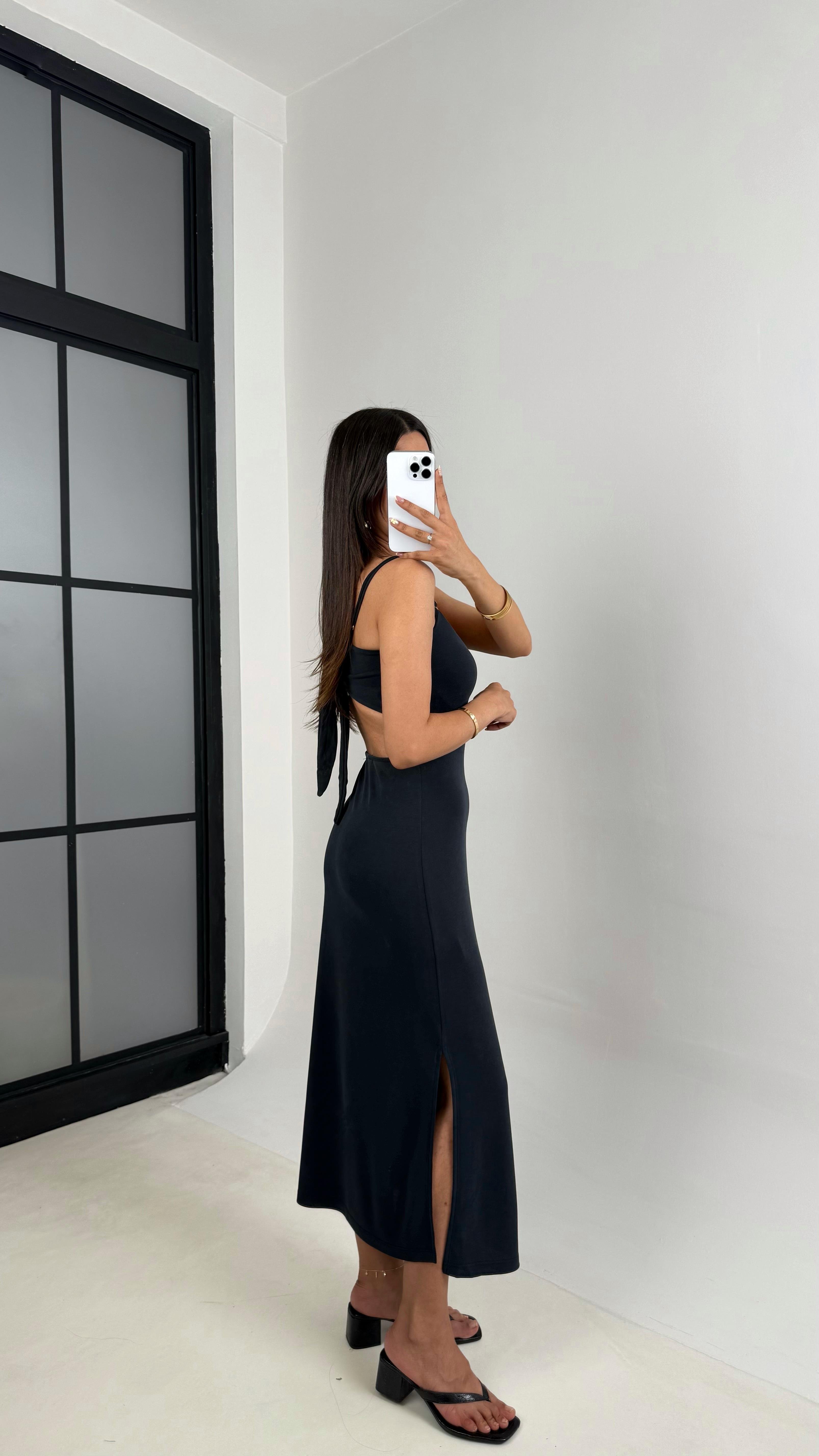 Antrasit Ayarlanabilir Askılı Sırt Dekolteli Pike Modal Kumaş Elbise Gaus00644GausELBİSEGU1002496