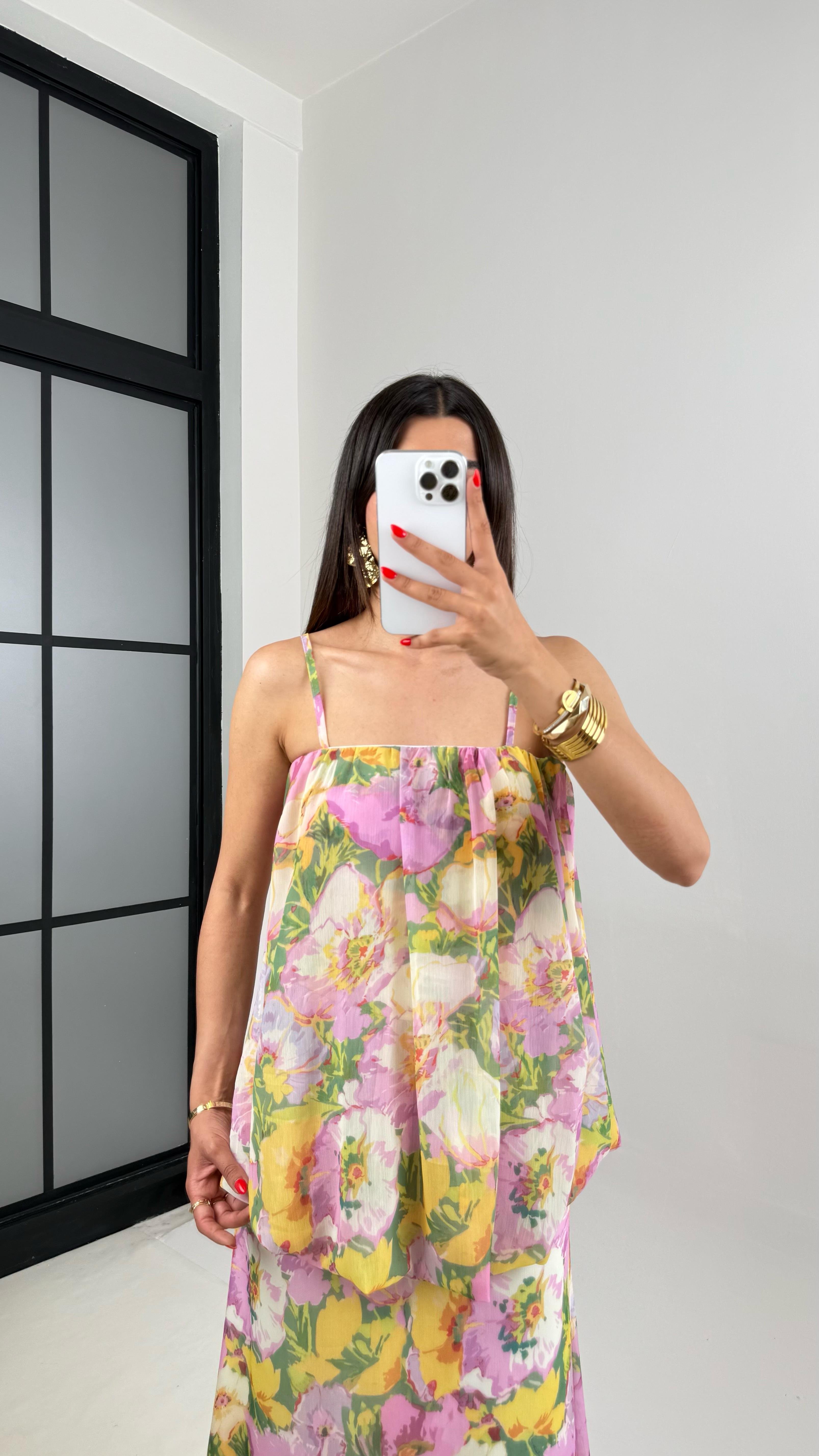 Pembe Çiçek Desenli Ayarlanabilir Askılı Astarlı Katlı Şifon Elbise Gaus00469GausELBİSEGU1002100