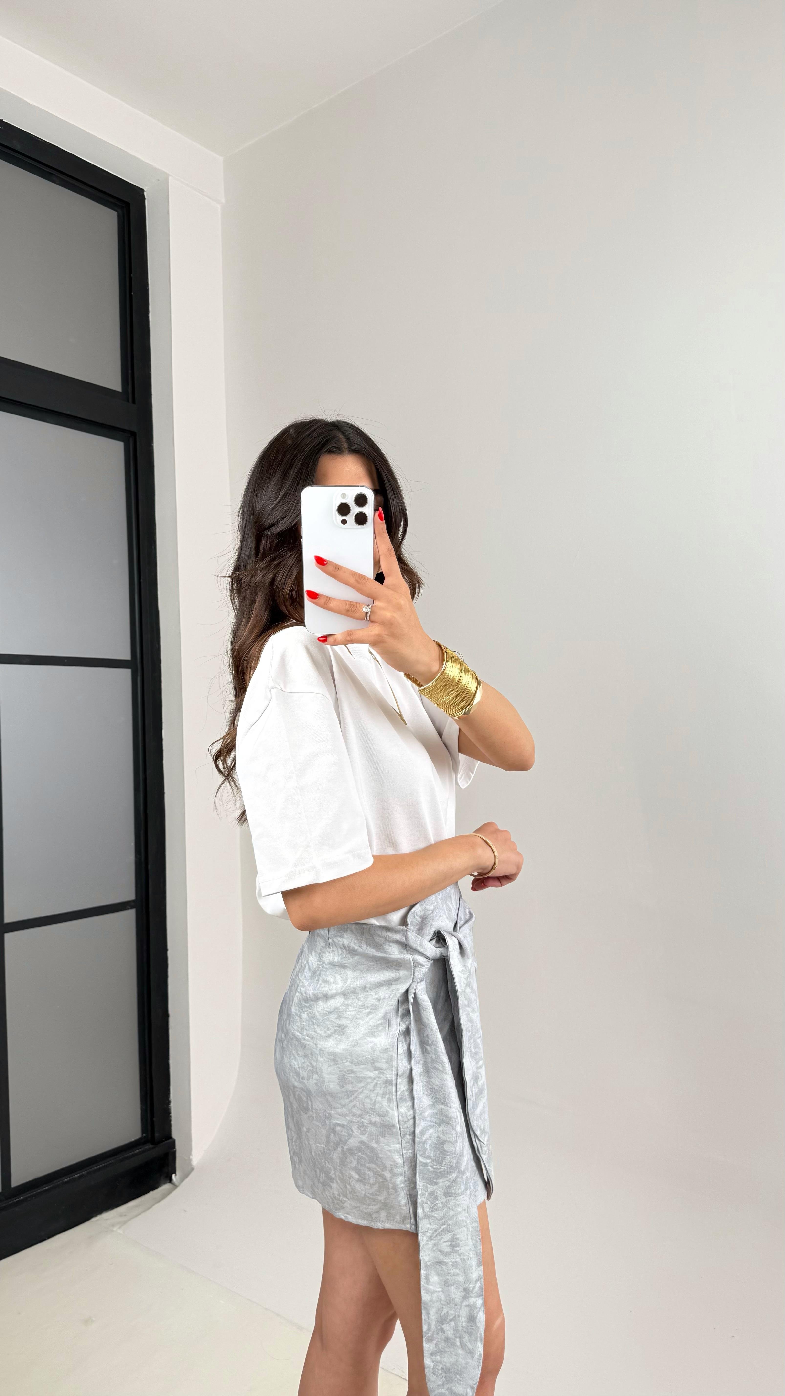 Gri Çiçek Desenli Yan Bağlama Detaylı Etek Gaus00463GausETEKGU1002084