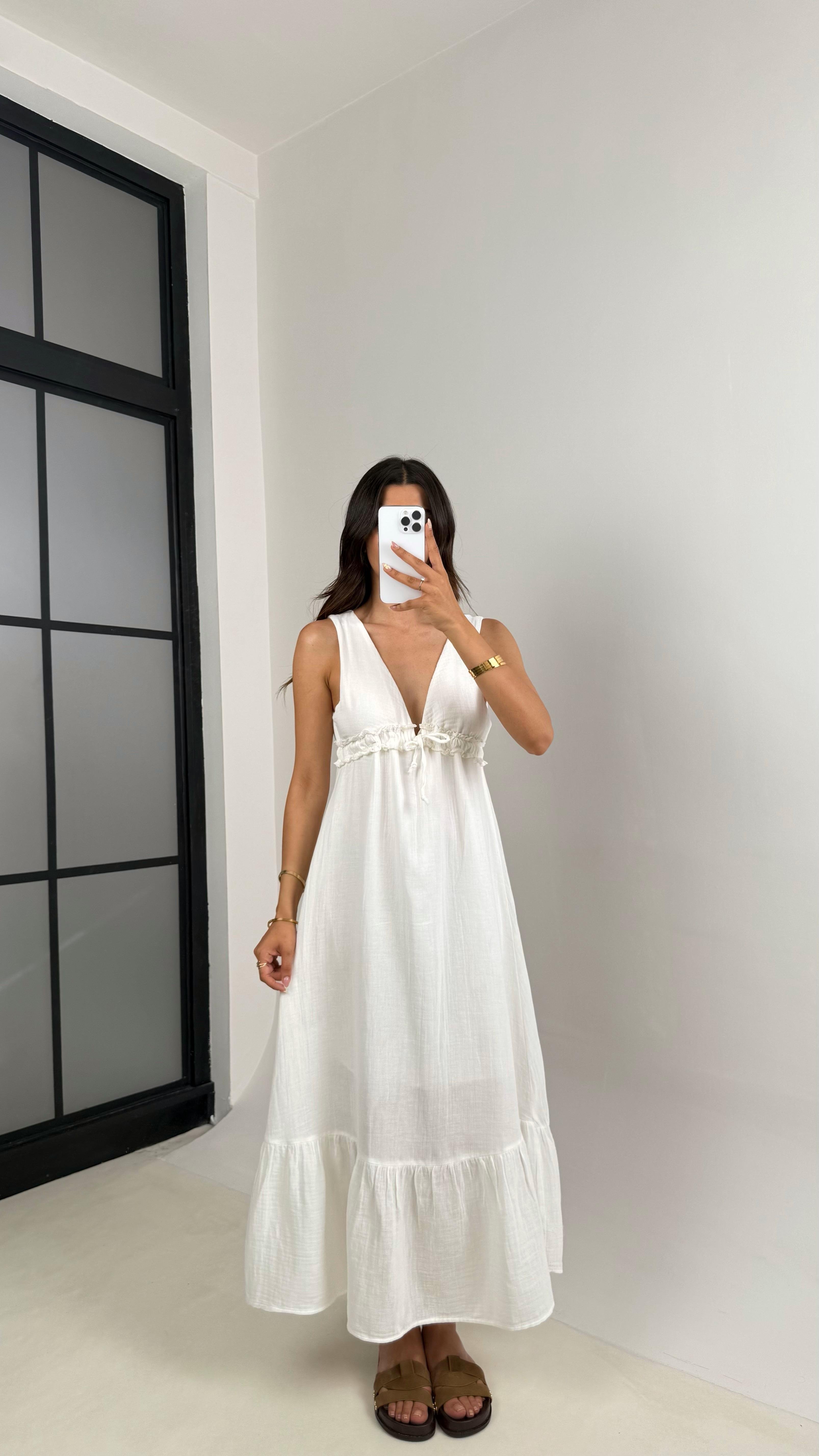 Beyaz V Yaka Beli Ayarlanabilir Lastikli Astarlı Müslin Elbise Gaus00680 GausELBİSEGU1002568