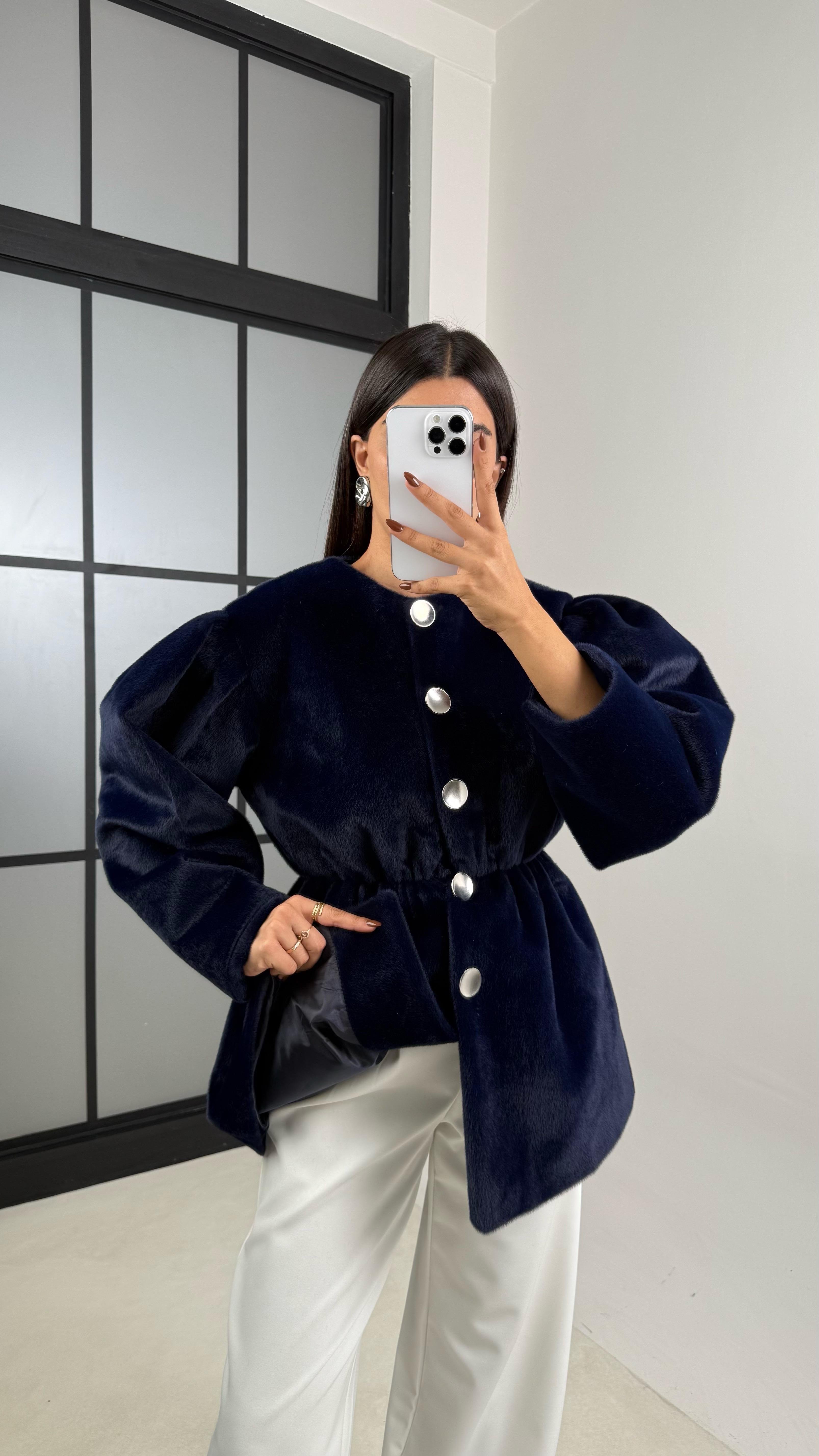 Lacivert Beli Lastikli Düğmeli Peluş Ceket GAUS-00182GAUS السترات  GAUS-00182