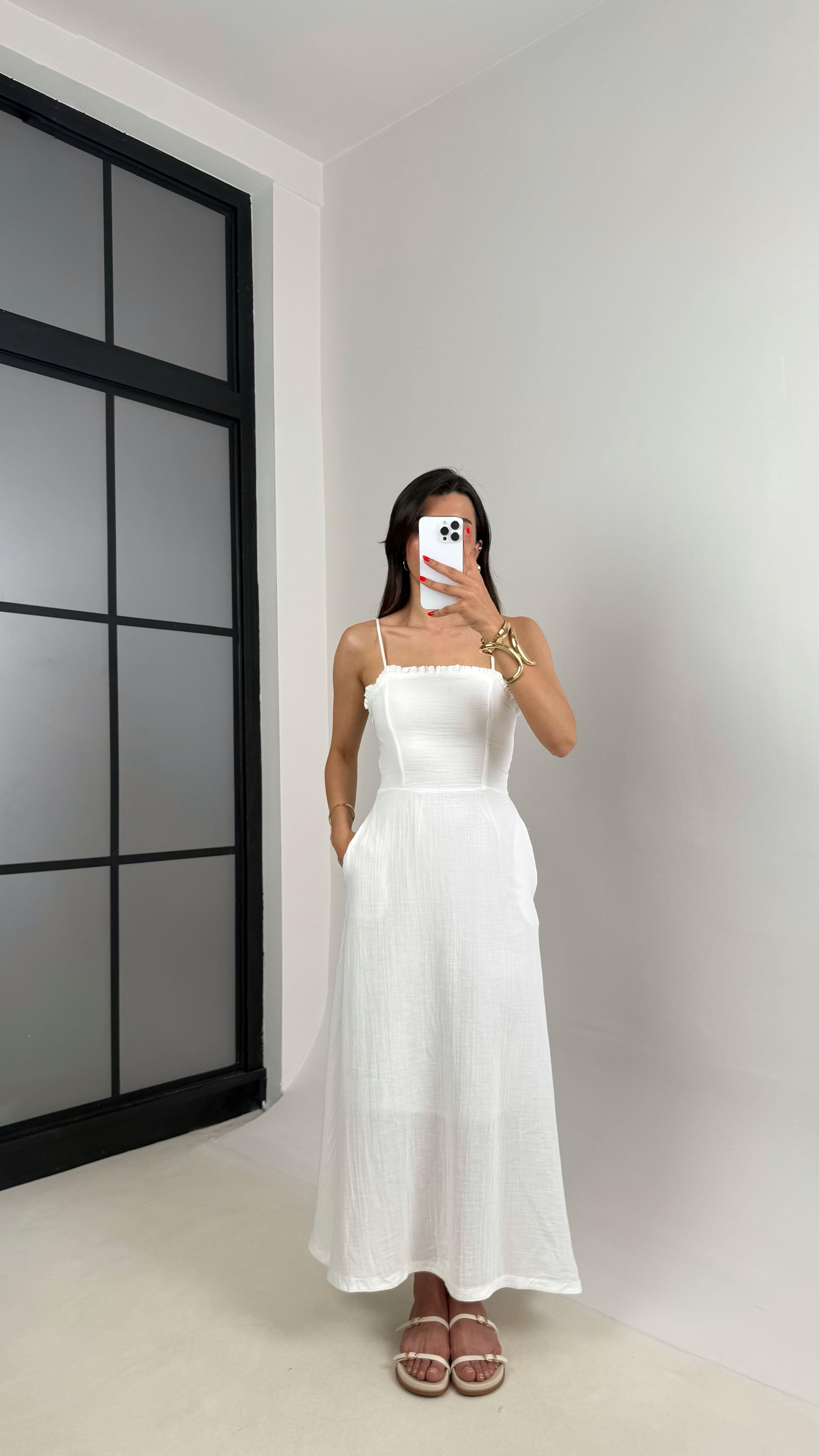 Beyaz Ayarlanabilir Askılı Cepli Astarlı Müslin Elbise Gaus00519GausELBİSEGU1002215