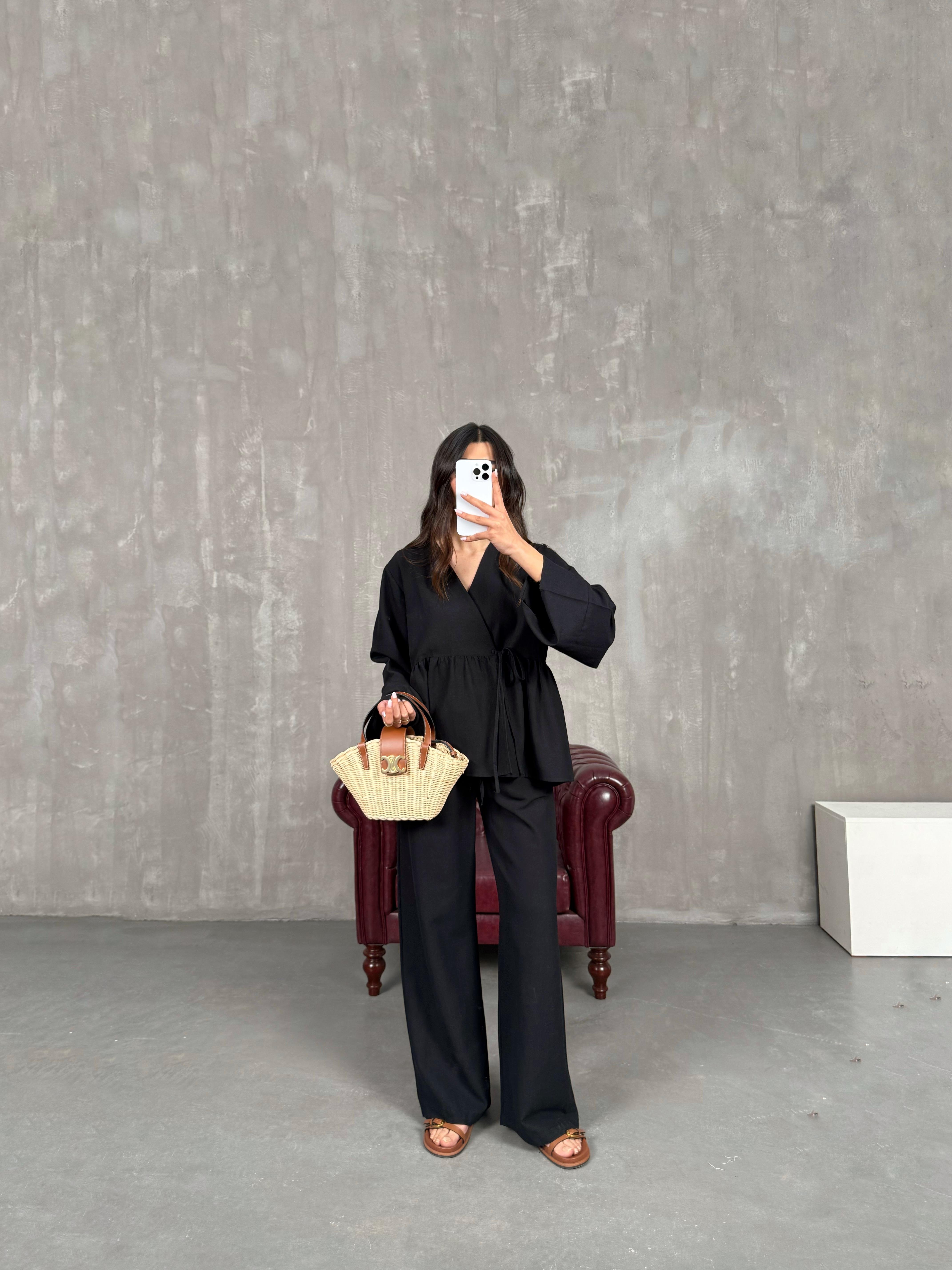 Siyah Önü Bağlamalı Gömlek Beli Lastikli Pantolon İkili Keten Takım Gaus00262GausTAKIMGU1001605