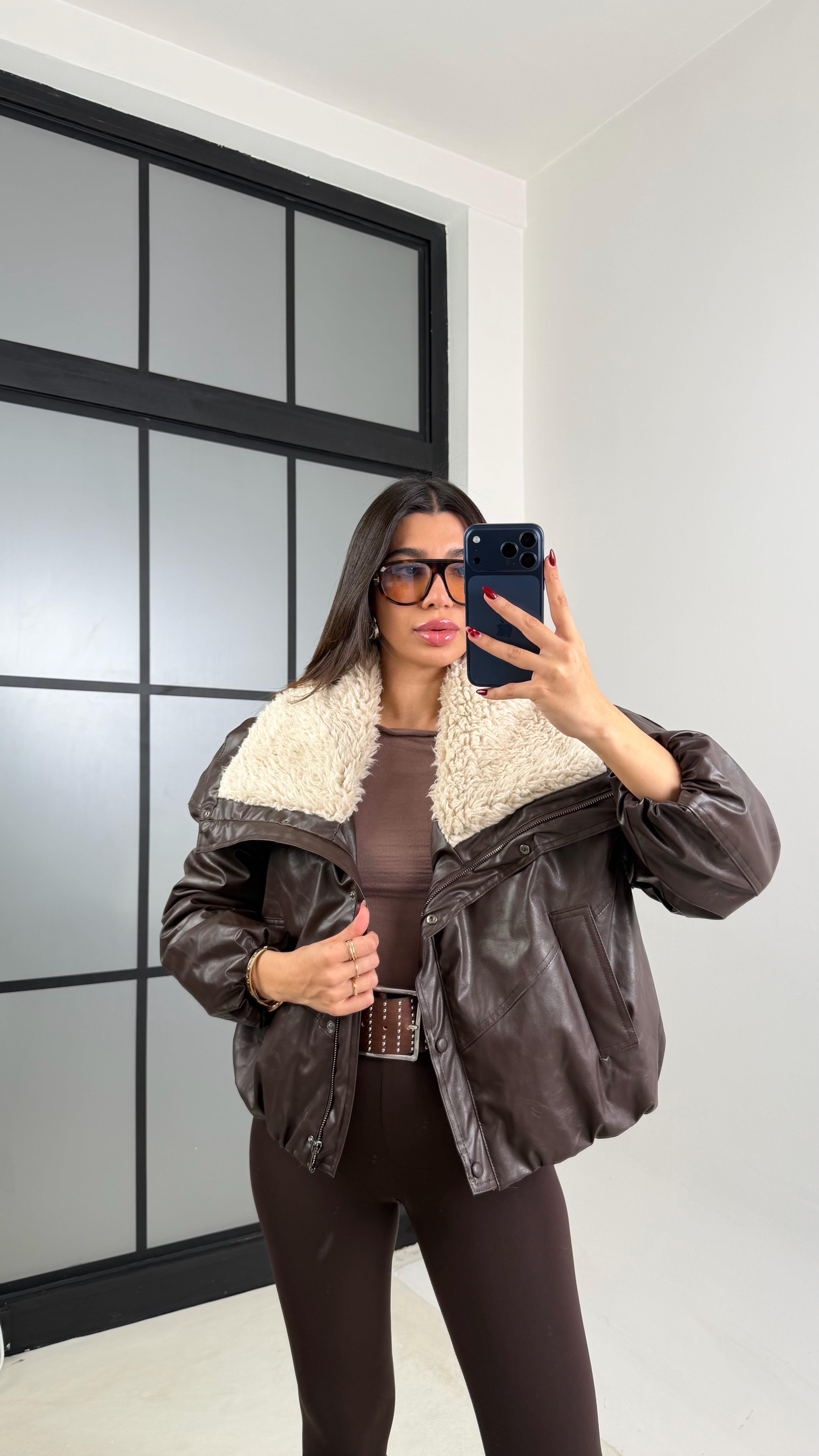 Acı Kahve Kürk Yakalı Astarlı ZR Model Deri Mont GAUS-00698GAUS الجواكيت GAUS-00698