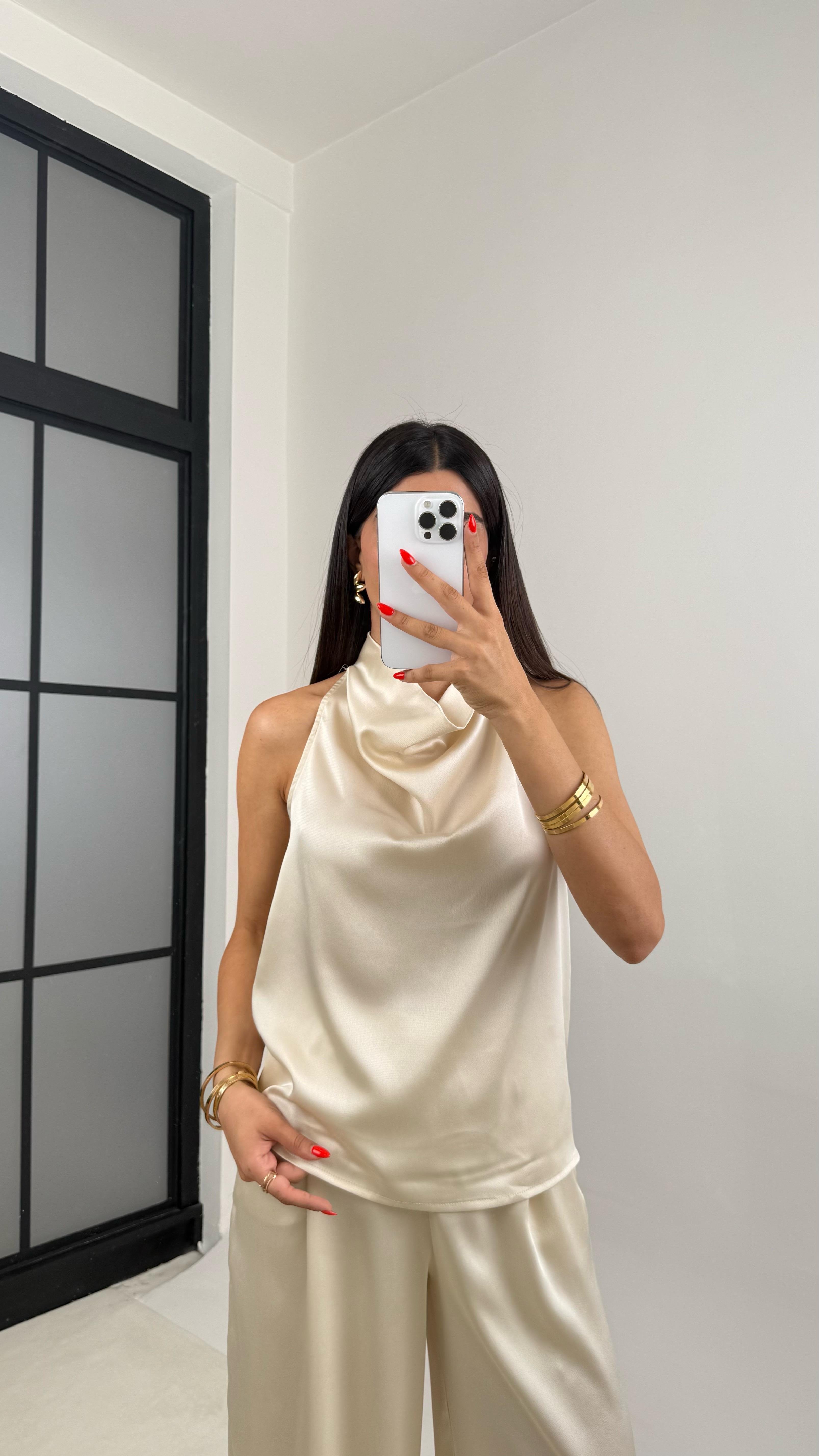 Bej Degaje Yaka Bluz Beli Lastikli Pantolon Saten Takım GAUS-0056GAUSTAKIMGAUS-0056