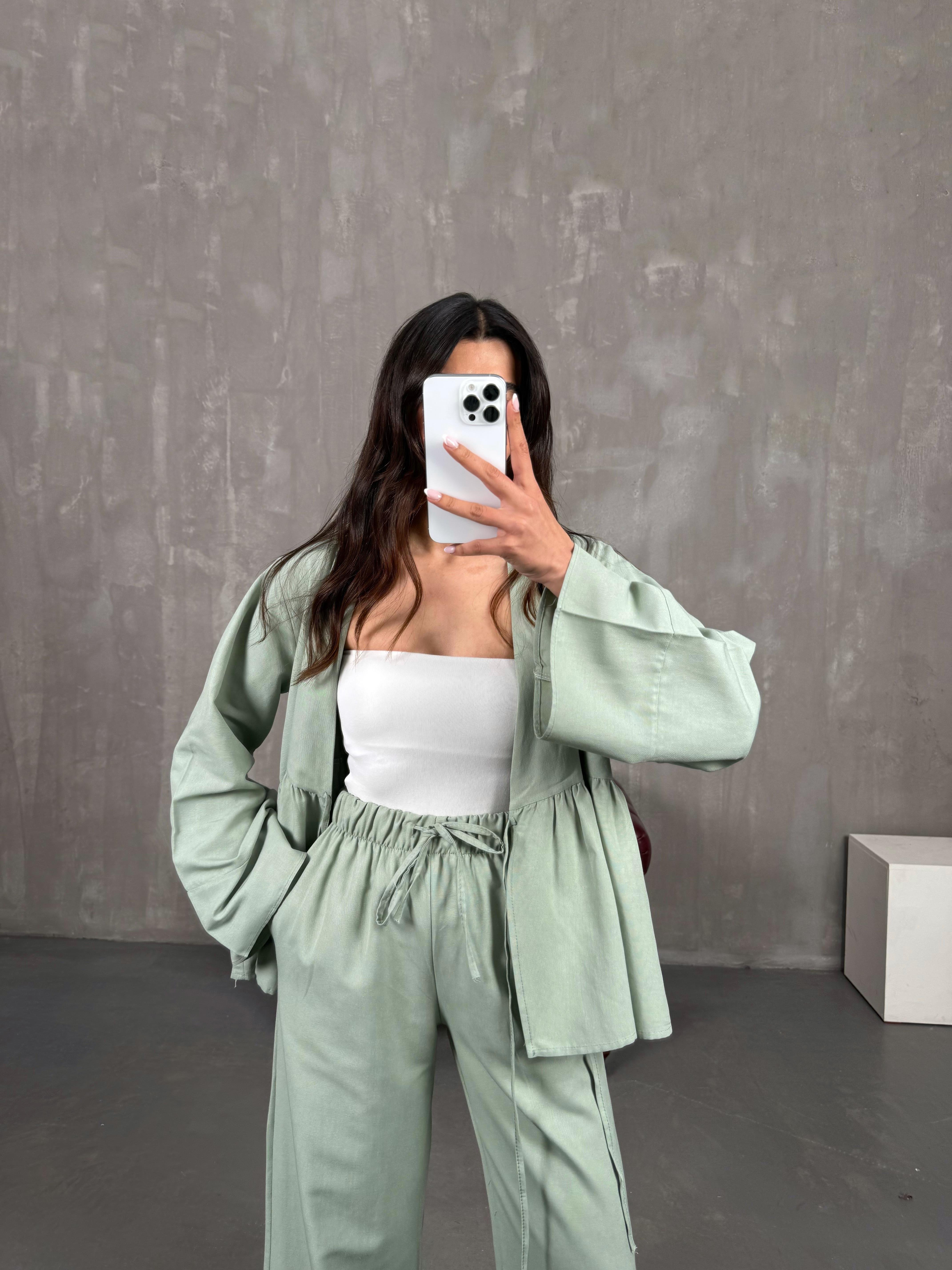 Haki Önü Bağlamalı Gömlek Beli Lastikli Pantolon İkili Keten Takım Gaus00262GausTAKIMGU1001603