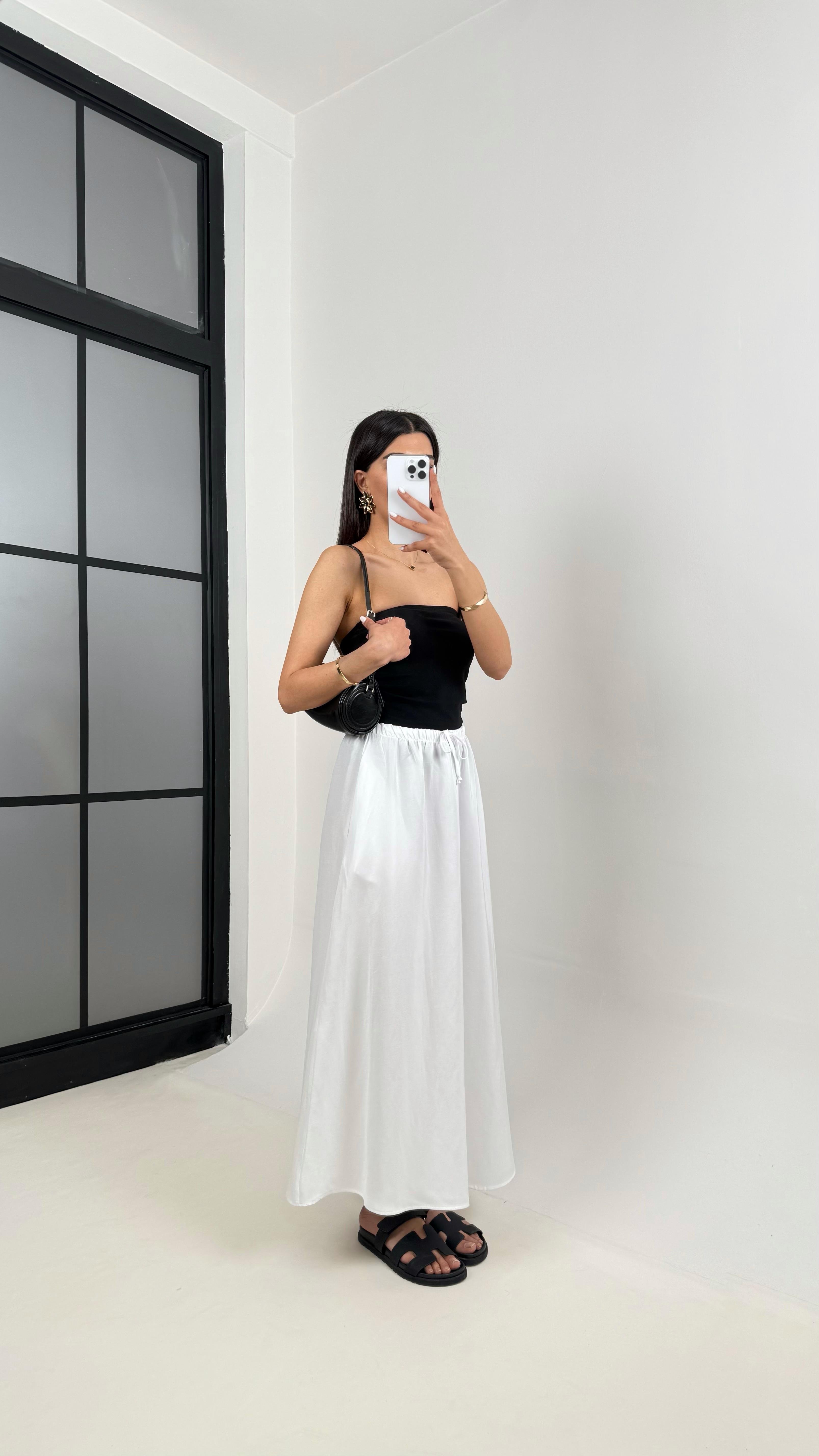 Beyaz Önü Bağlamalı Cepli Pamuk Keten Karışımlı Etek Gaus00367GausETEKGU1001855