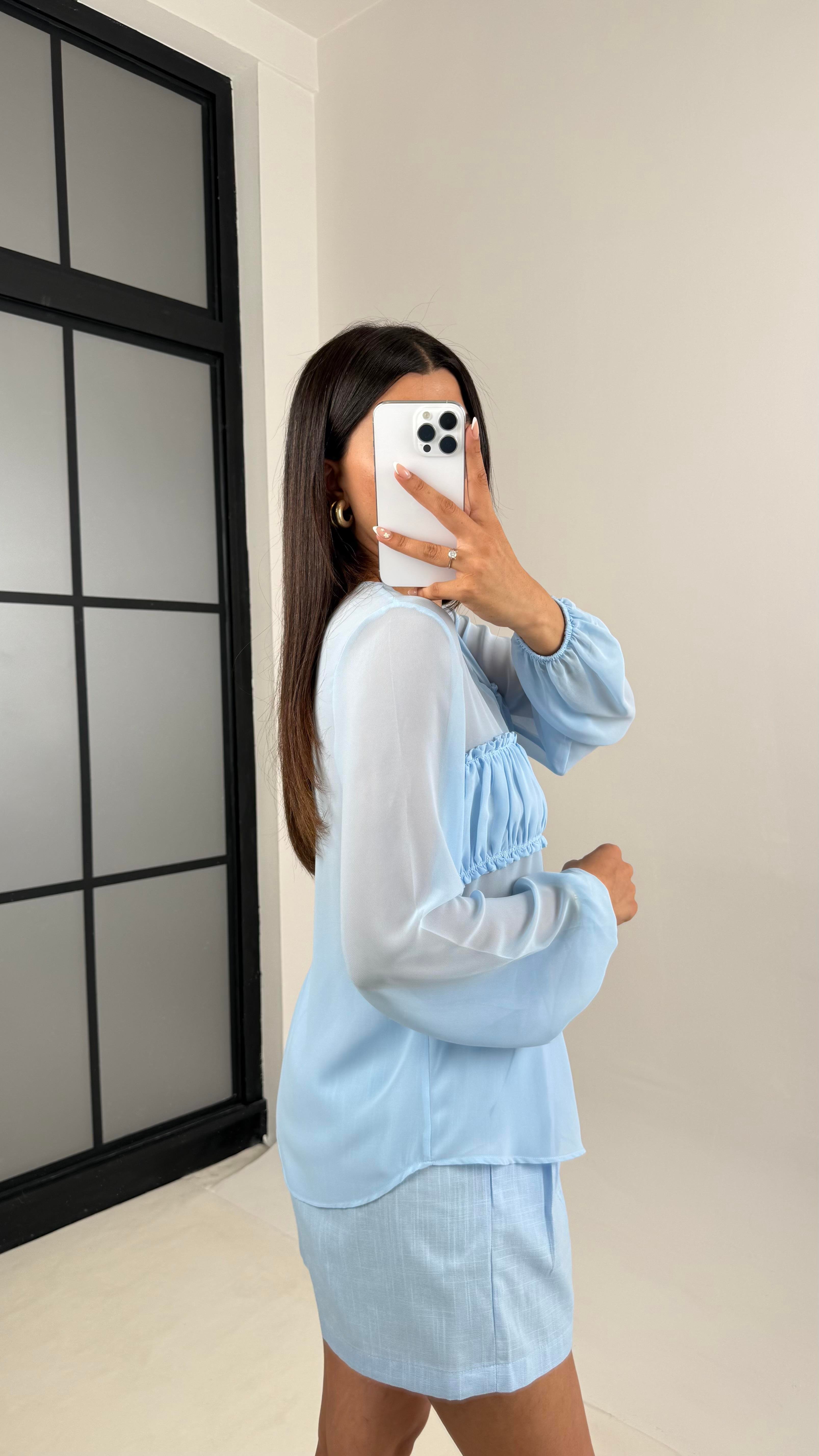 Mavi Önü Bağlamalı Transparan Gömlek Keten Şort Takım Gaus00615GausTAKIMGU1002438