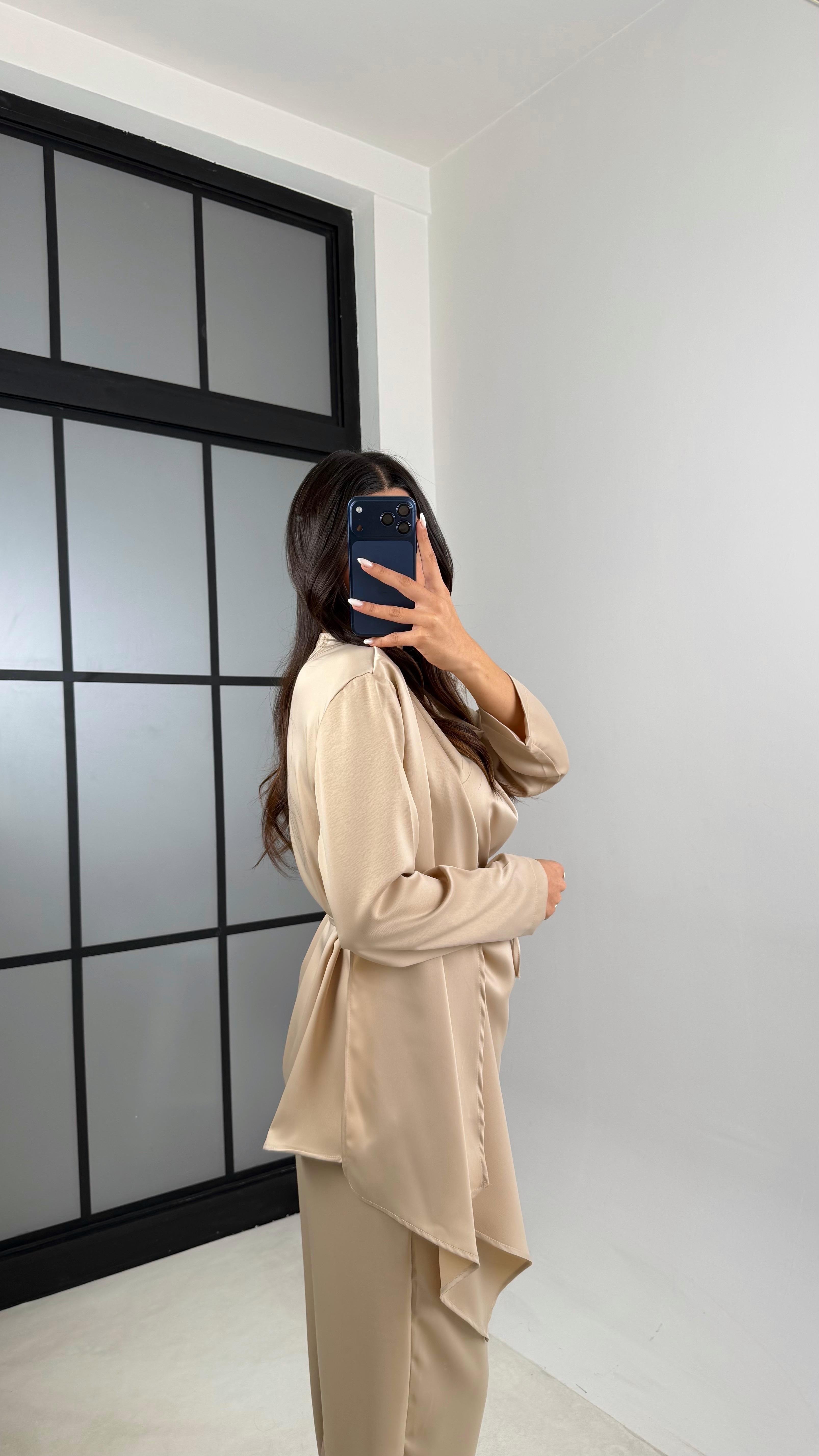 Bej Şal Detaylı Bluz Beli Lastikli Şalvar İkili Saten Takım GAUS-00606GAUSTAKIMGAUS-00606