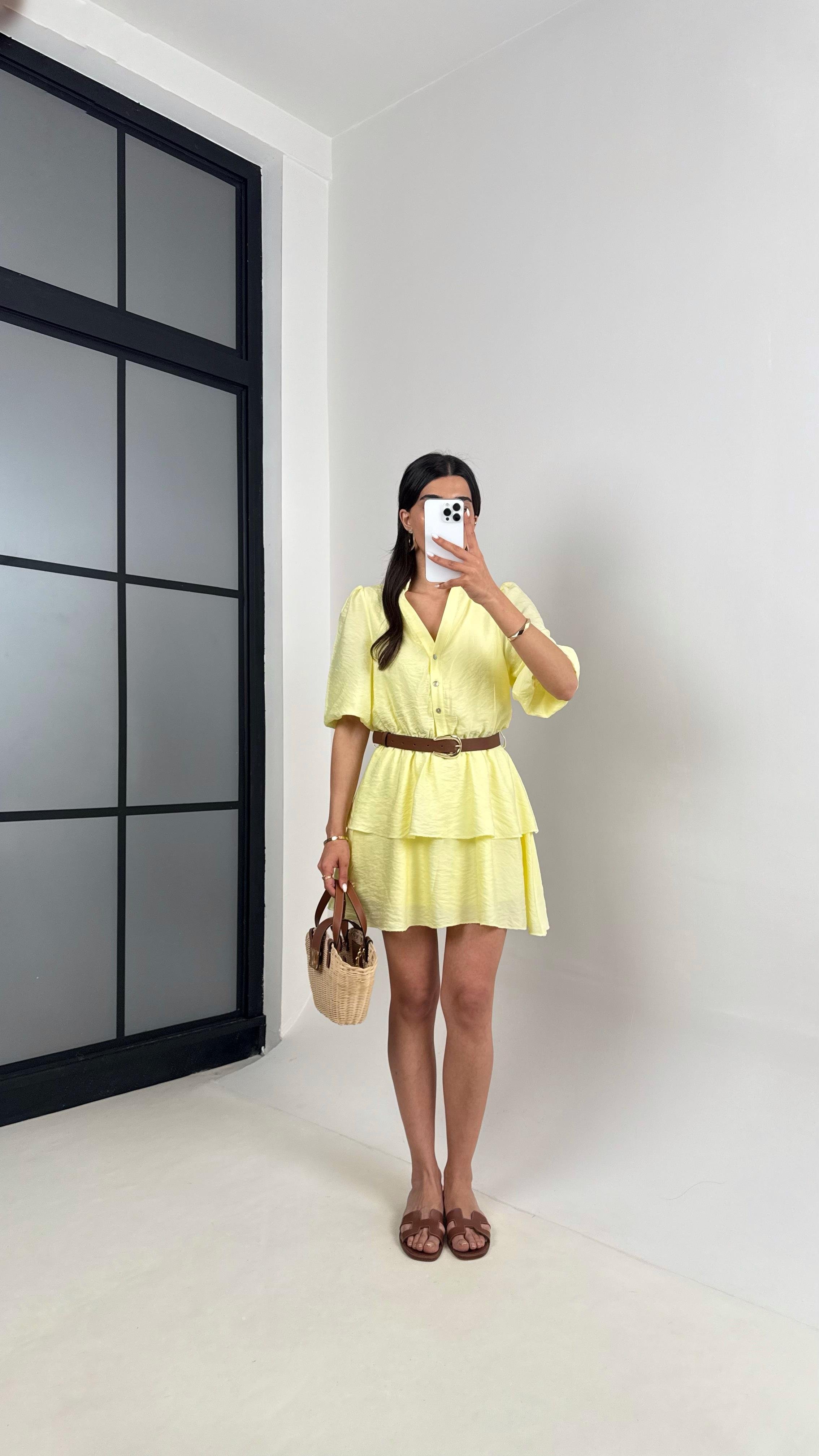 Sarı V Yaka Astarlı Kemerli Önü Düğmeli Tencel Elbise Gaus00450GausELBİSEGU1002048