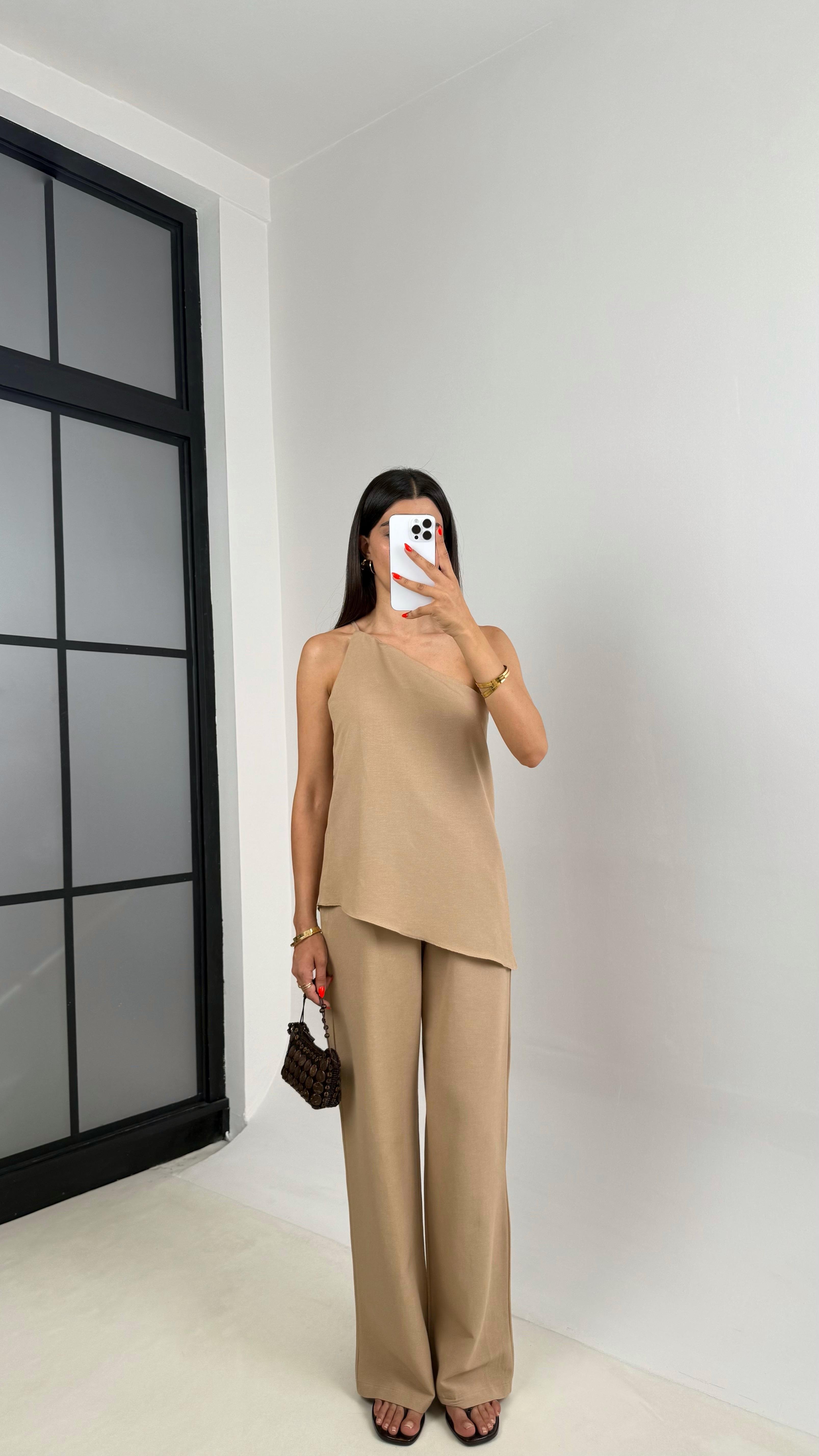 Taş Tek Omuz Bluz Beli Lastlik Pantolon Keten Takım Gaus00696GausTAKIMGaus00696