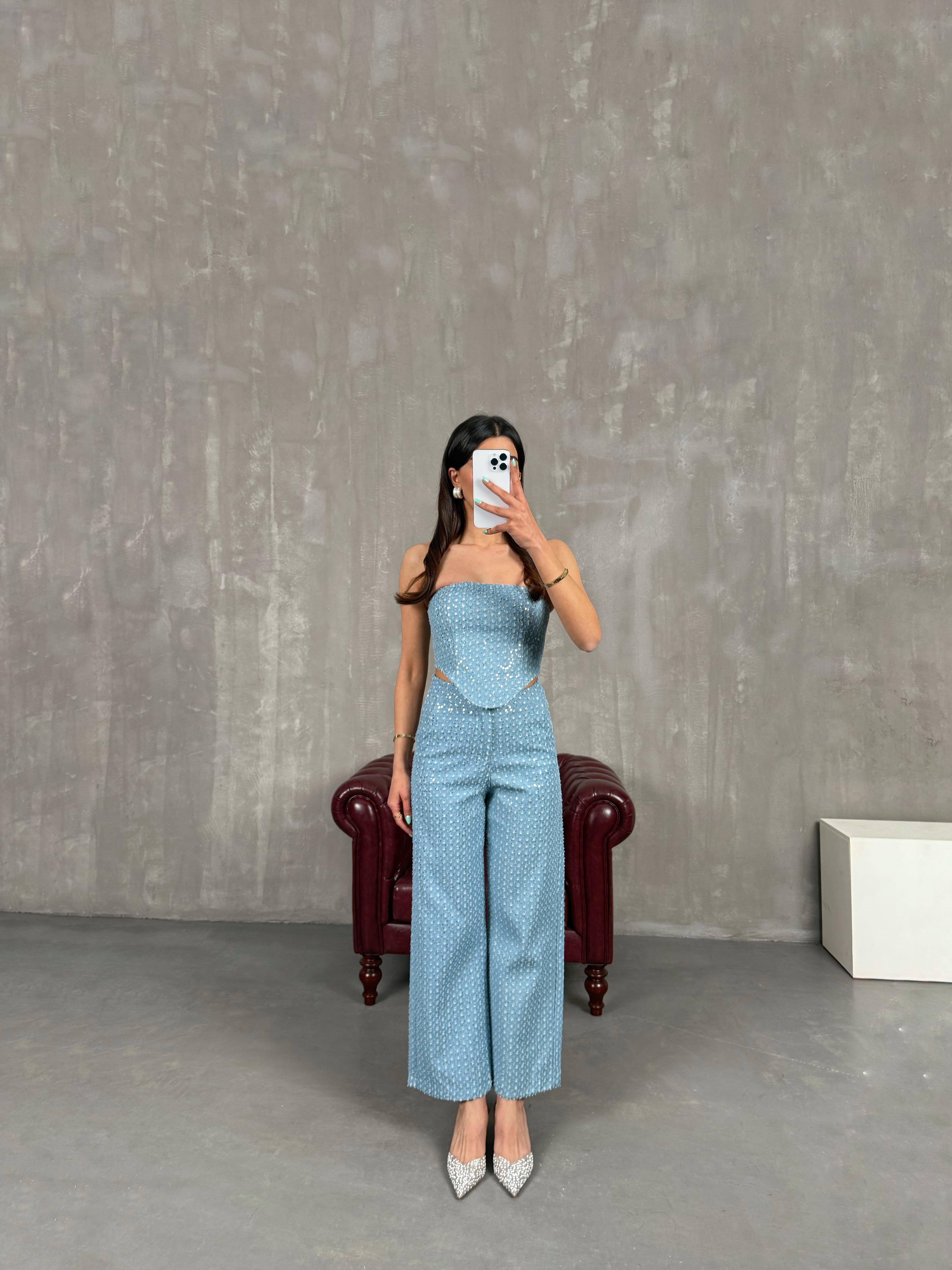 Mavi Pullu Korseli Denim Takım Gaus00241GausTAKIMGU1001562