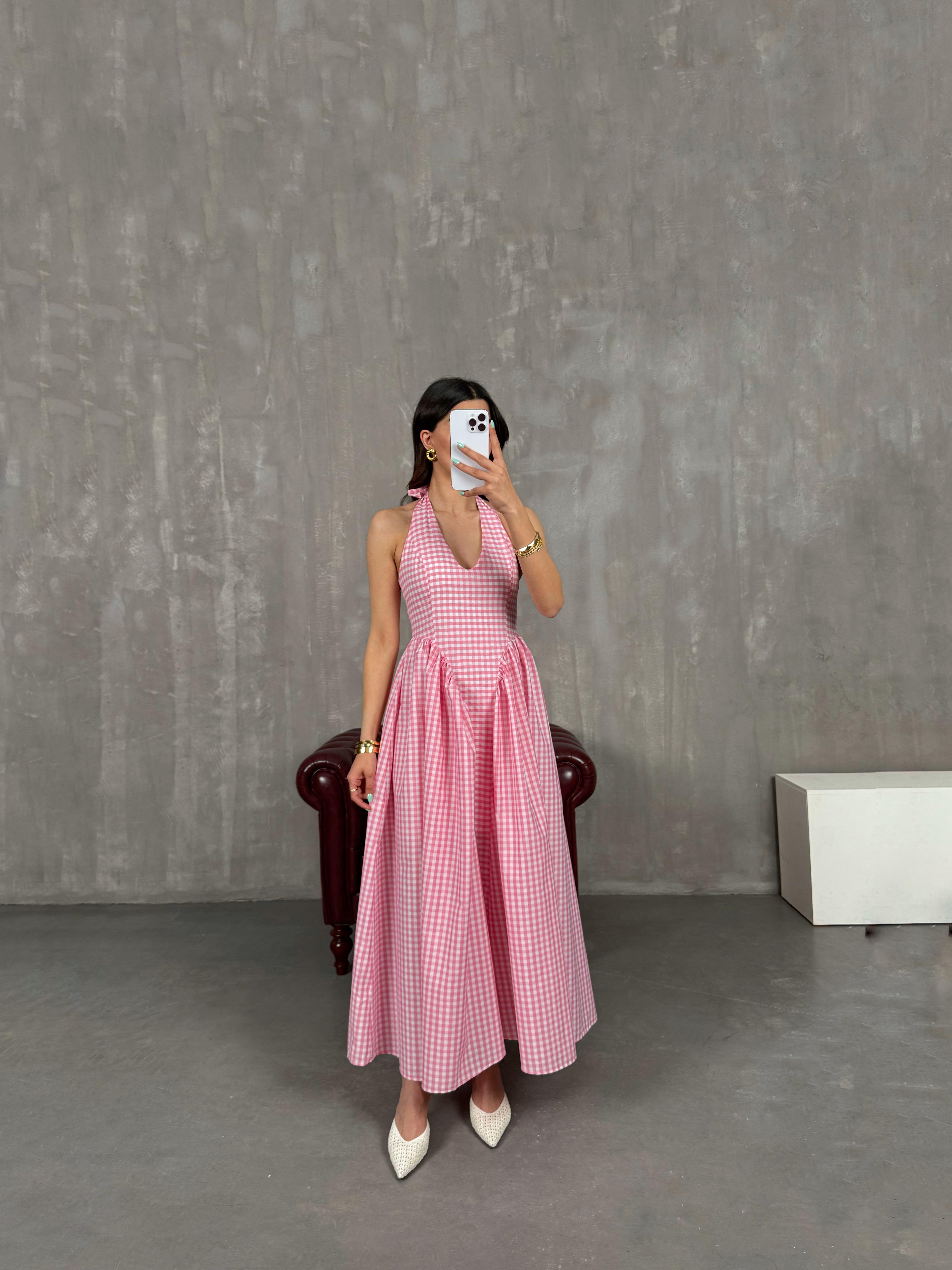 Pembe Boyundan Bağlamalı Yarım Astarlı Pötikare Elbise Gaus00235GausELBİSEGU1001542