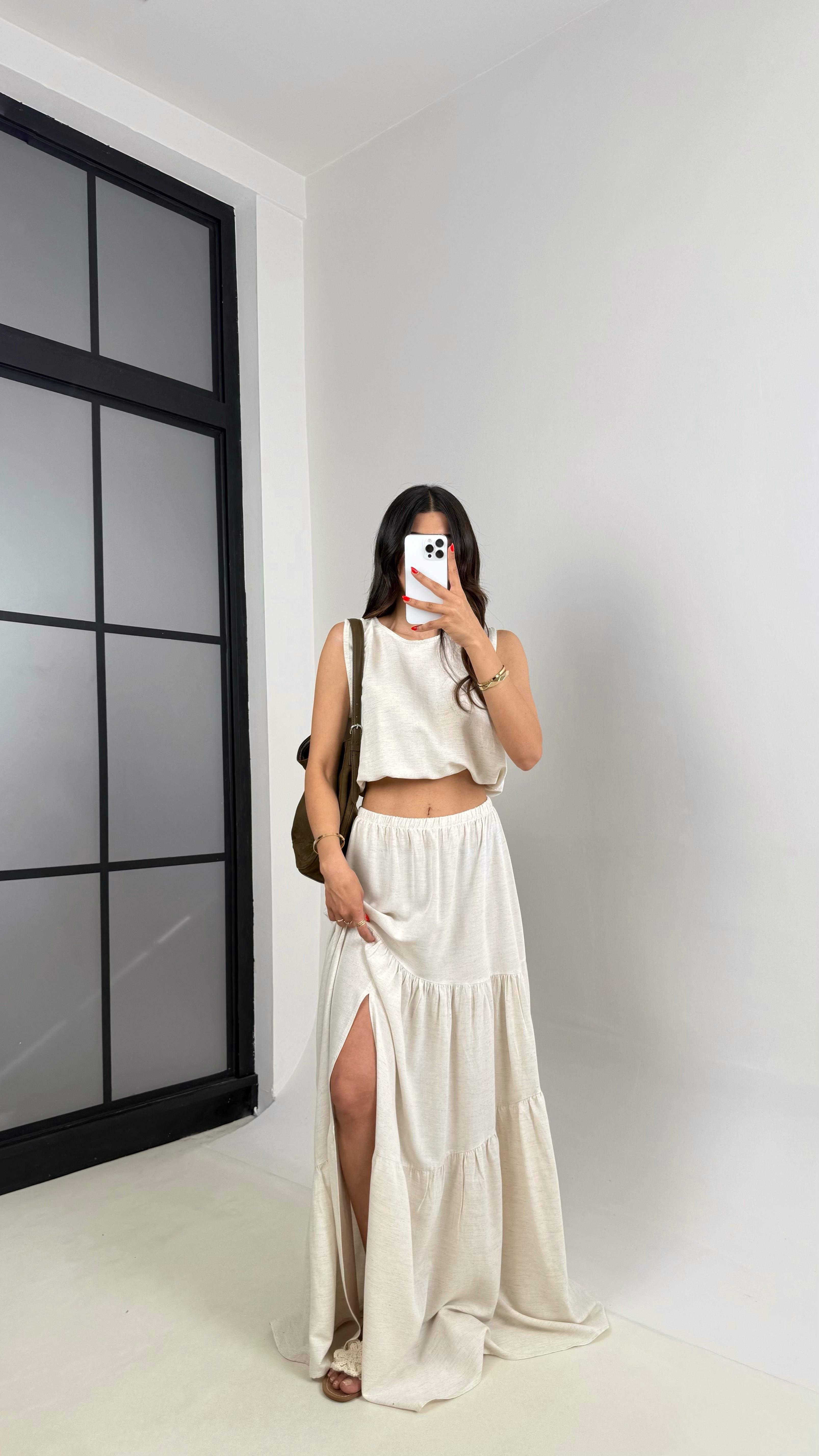 Taş Omzu Açık Bluz Beli Lastikli Etek İkili Keten Takım Gaus00514 GausTAKIMGU1002207