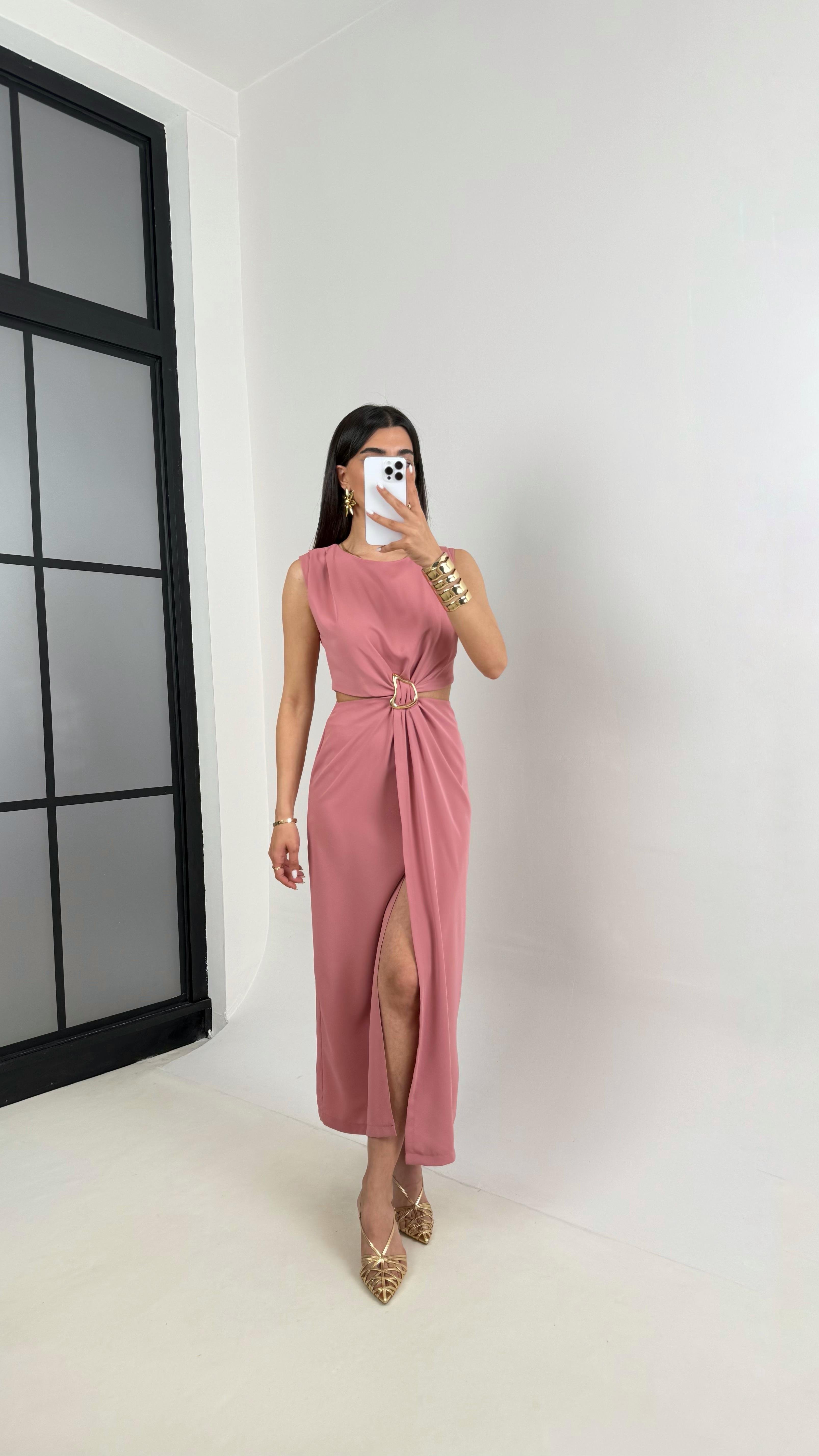 Somon Yan Dekolteli Gold Toka Detaylı Yırtmaçlı Elbise Gaus00434GausELBİSEGU1002023