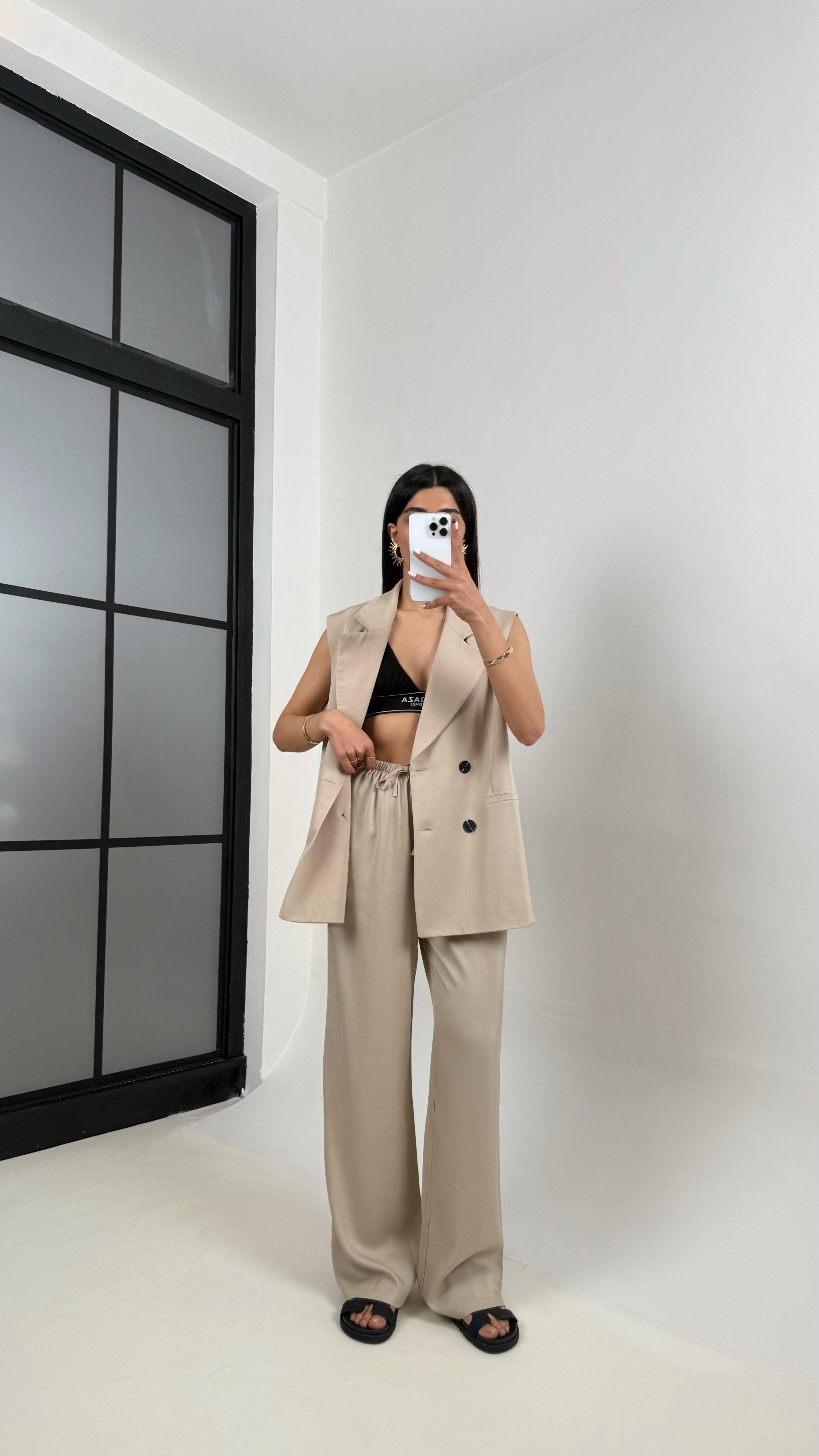 Taş  Önü Düğmeli Astarlı Yelek Beli Lastikli Pantolon Tencel Premium Takım Gaus00366GausTAKIMGU1001850