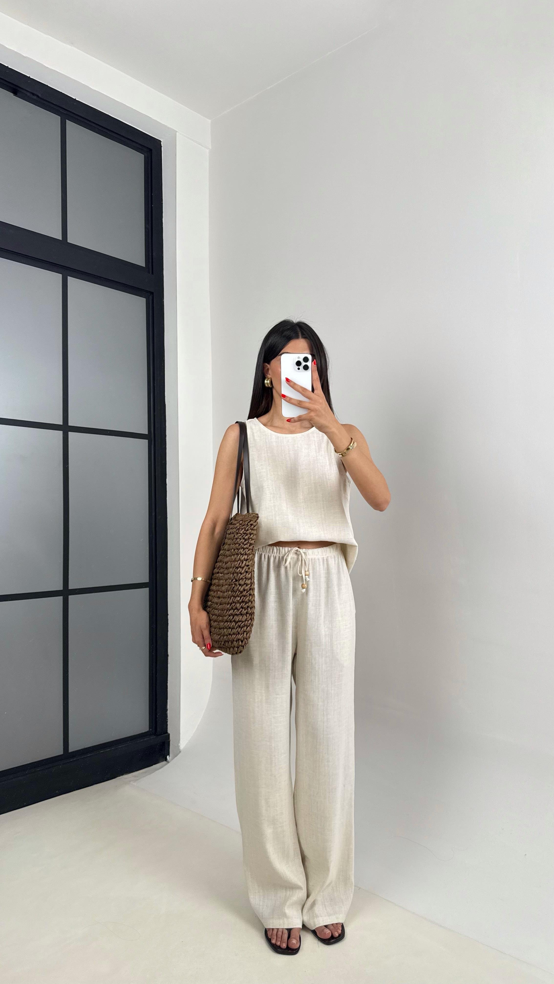 Taş Sıfır Kol Bluz Beli Lastikli Pantolon Md Muadil Keten Takım Gaus00495 GausTAKIMGU1002160