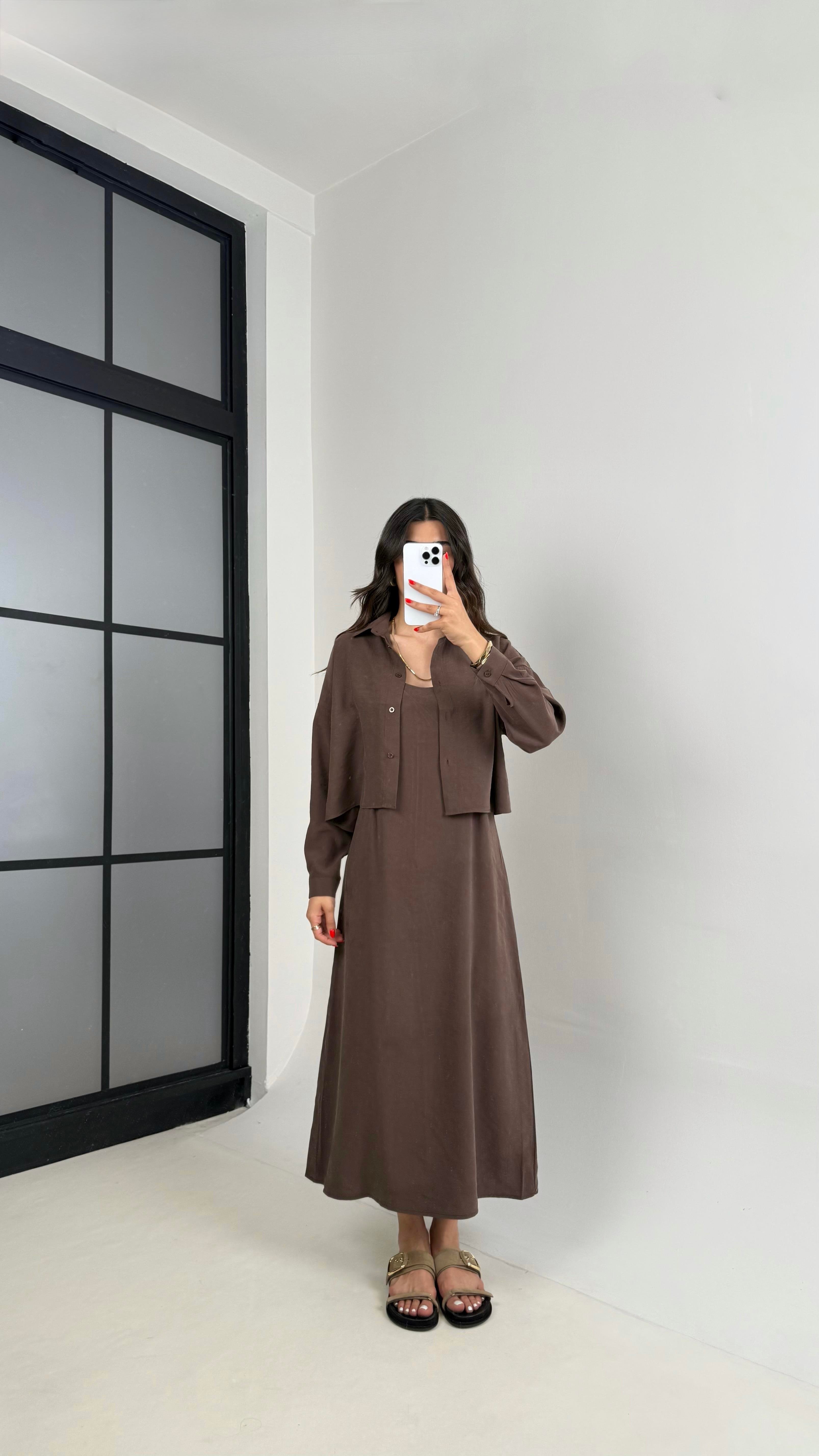 Acı Kahve Ayarlanabilir Askılı Elbise Gömlek İkili Tensel Takım Gaus00467GausTAKIMGU1002095